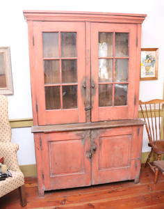 EARLY 19TH CENTURY PAINTED STEPBACK CUPBOARD