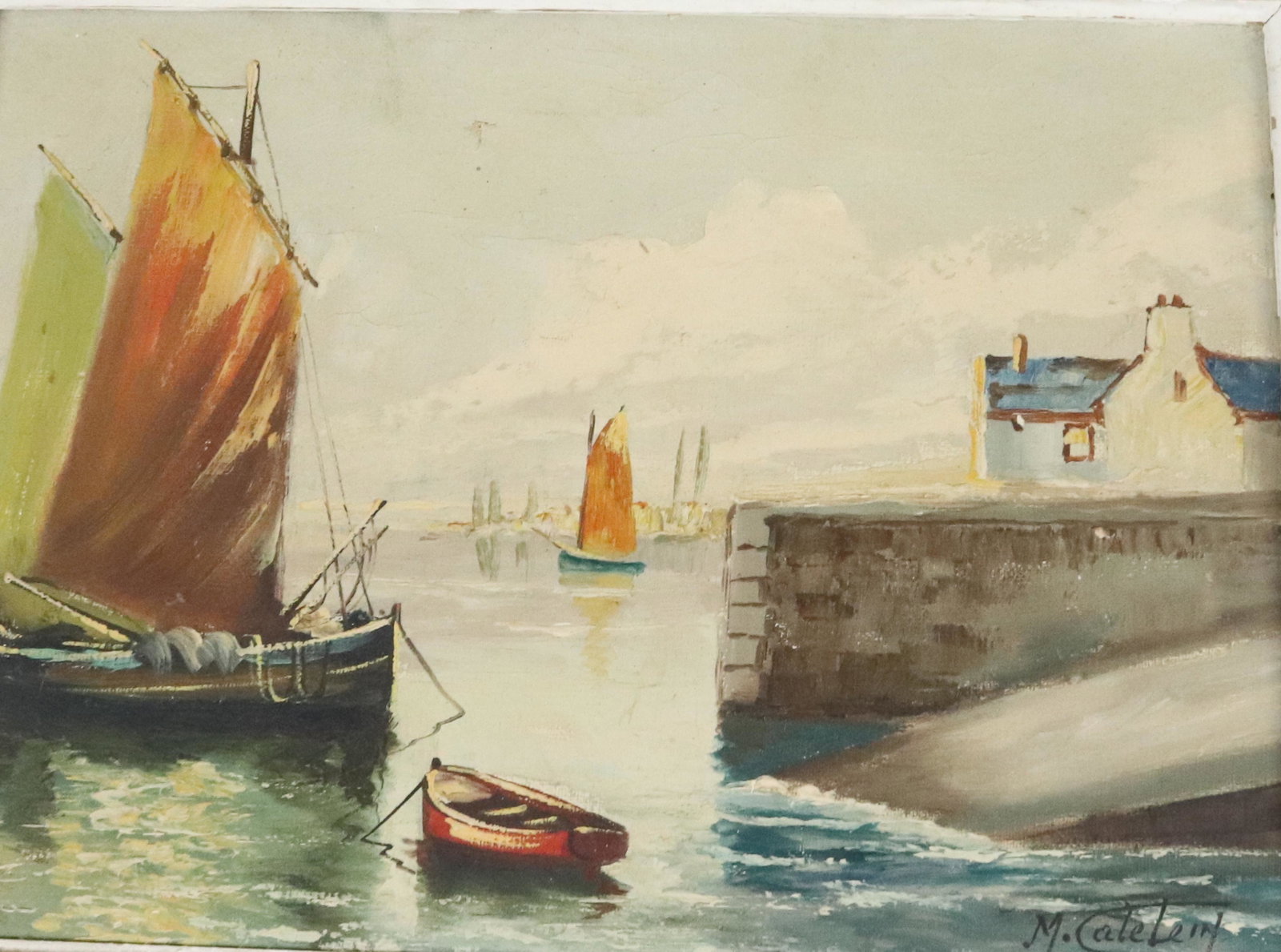 M. CALE LEIN OIL ON CANVAS PAINTING: SAILBOATS IN HARBOR. SGND. BOTTOM RIGHT FRAMED. SIGHT VIEW 9 1/2" X 13". Please Read Carefully before Bidding. Hartzell’s Auction Gallery Inc. will Conduct an ON-SITE and also ON-LINE Auction at