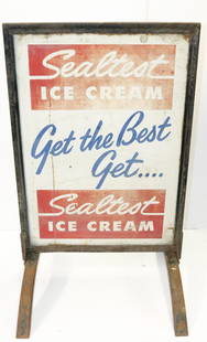 SEALTEST ICE CREAM ADVERTISING SIGN: DOUBLE-SIDED SIGN IN METAL FRAMEWORK. MEASURES 32" X 20".