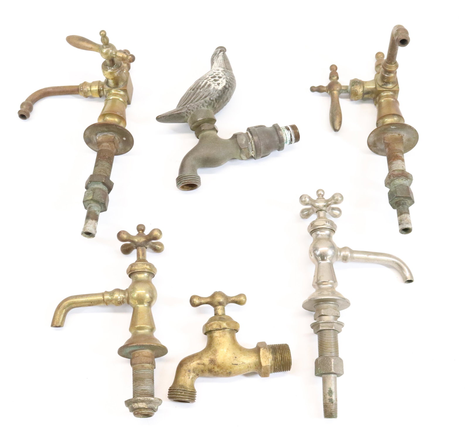 LOT OF BRASS FAUCETS: (6) FAUCETS. QUAIL FAUCET MRKD. FLORA AND FAUNA FAUCETS.