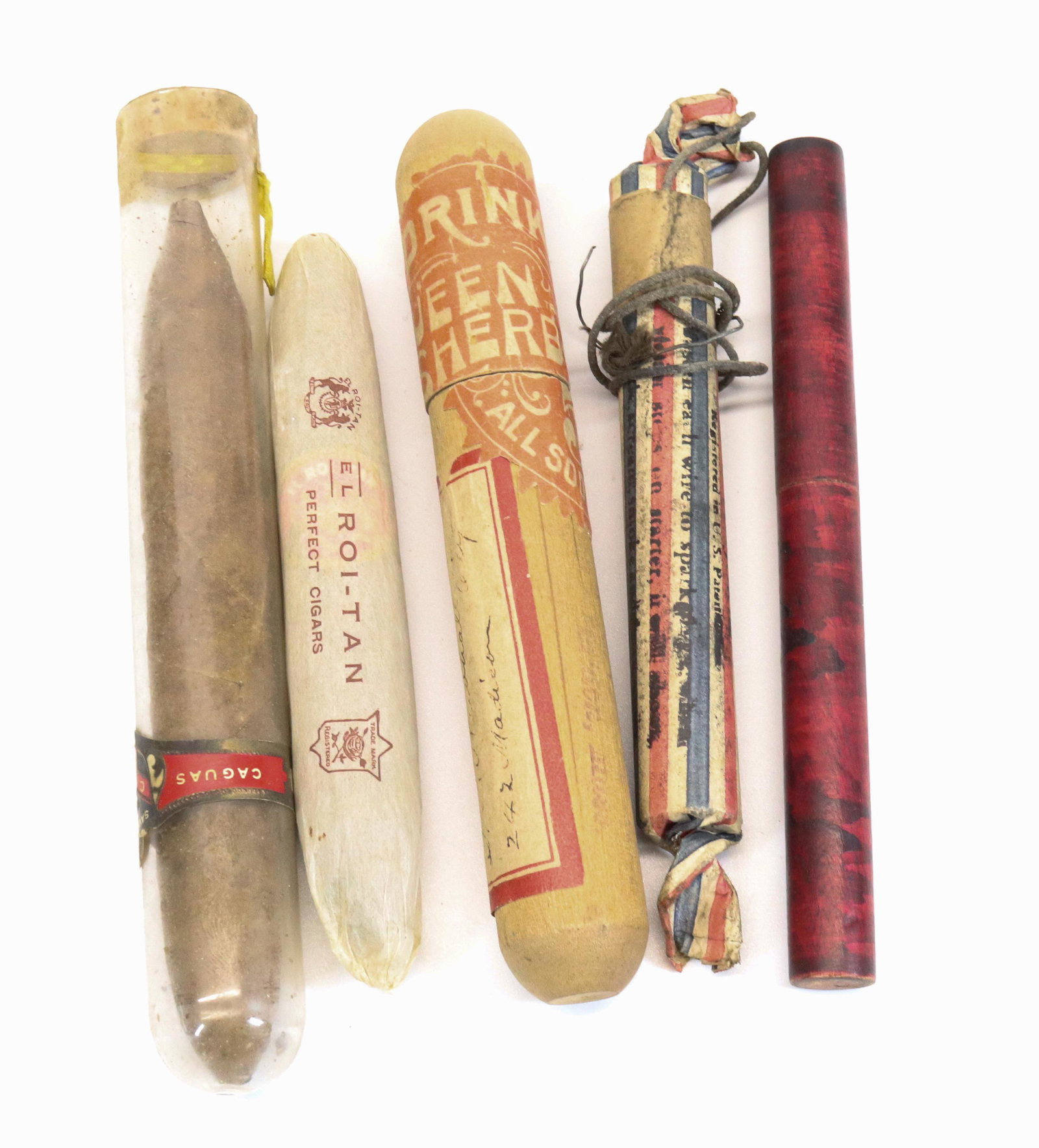 LOT OF VINTAGE CIGARS AND HOLDERS: TWO CIGARS, ADVERTISING CIGAR CASE, AUTO JOKE AND WOODEN CASE. LARGEST MEASURES 6 1/2".