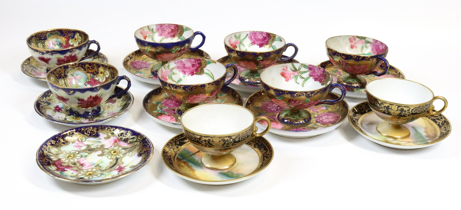(10) HAND PAINTED JAPANESE CUPS/SAUCERS: TWO NIPPON SWAN IN LAKE, FIVE ORNATE GOLD WITH BLUE CHARACTER MARK, THREE ORNATE GOLD KUTANI CHARACTER MARK 2 3/4" X 5" UPDATED 2023 Terms for Purchasing and Shipping of Auction Items. Please read car