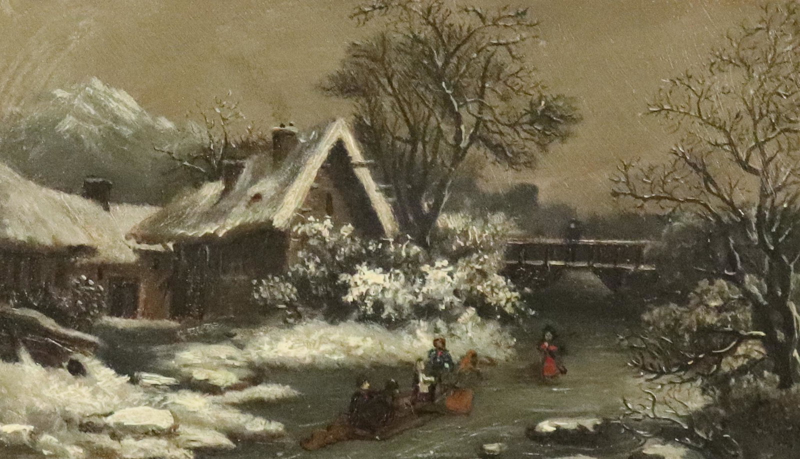 VICTORIAN OIL ON CANVAS BOARD: WINTER SCENE WITH SKATERS AND SLEIGH ON ICE BRIDGE IN BACKGROUND SIGNED LOWER RIGHT R.S. ON REVERSE PRINTED DATE ON BOARD 1879 5 3/4" X 9 3/4" OVERALL 10 3/4" X 14 3/4" UPDATED 2023 Terms for Purchasi