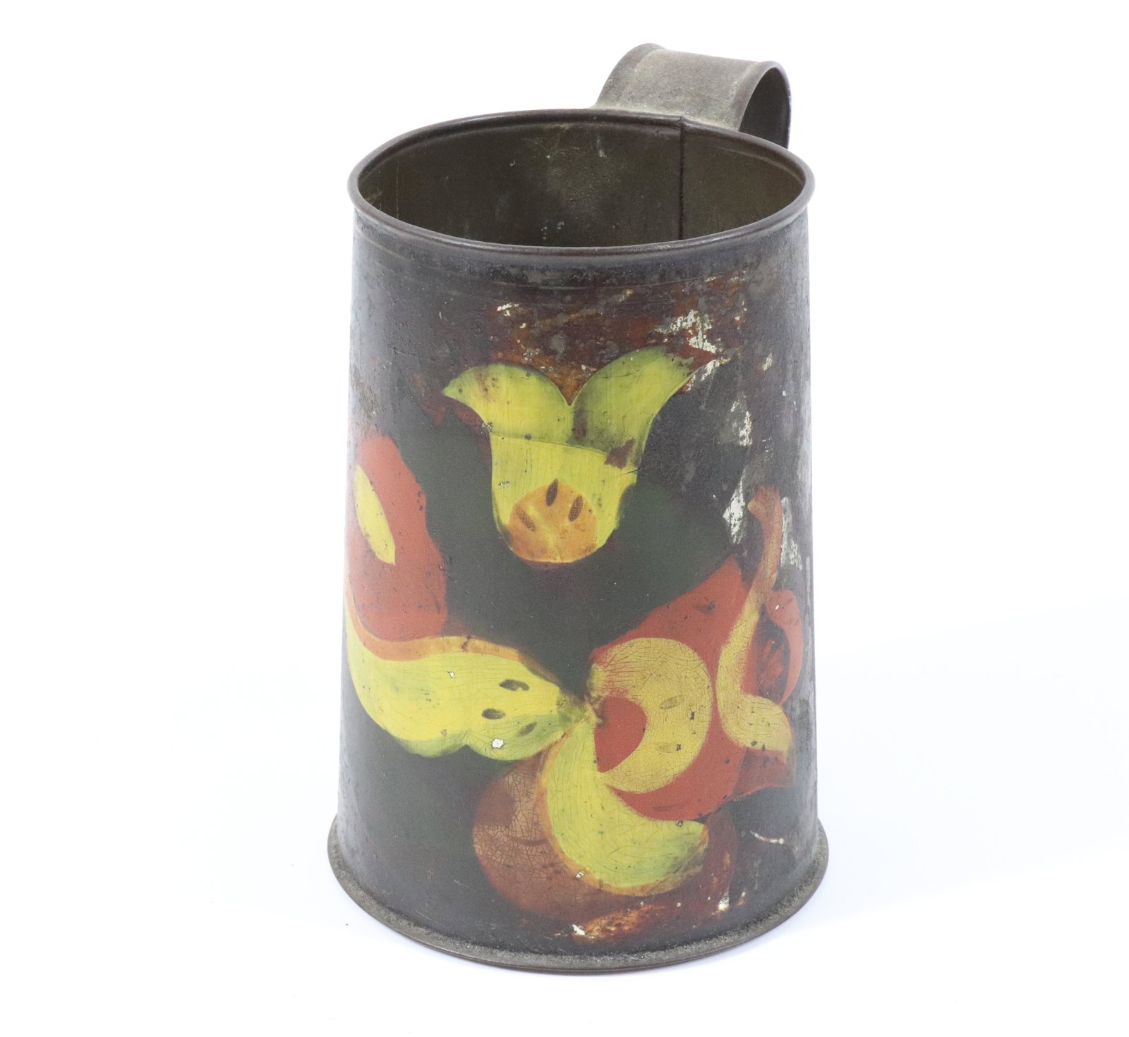 TOLEWARE MUG: FLORAL DECORATED TIN MUG WITH JAPANNED SURFACE. MEASURES 5 3/4" H. UPDATED 2023 Terms for Purchasing and Shipping of Auction Items. Please read carefully before bidding. All payments for purchases wil