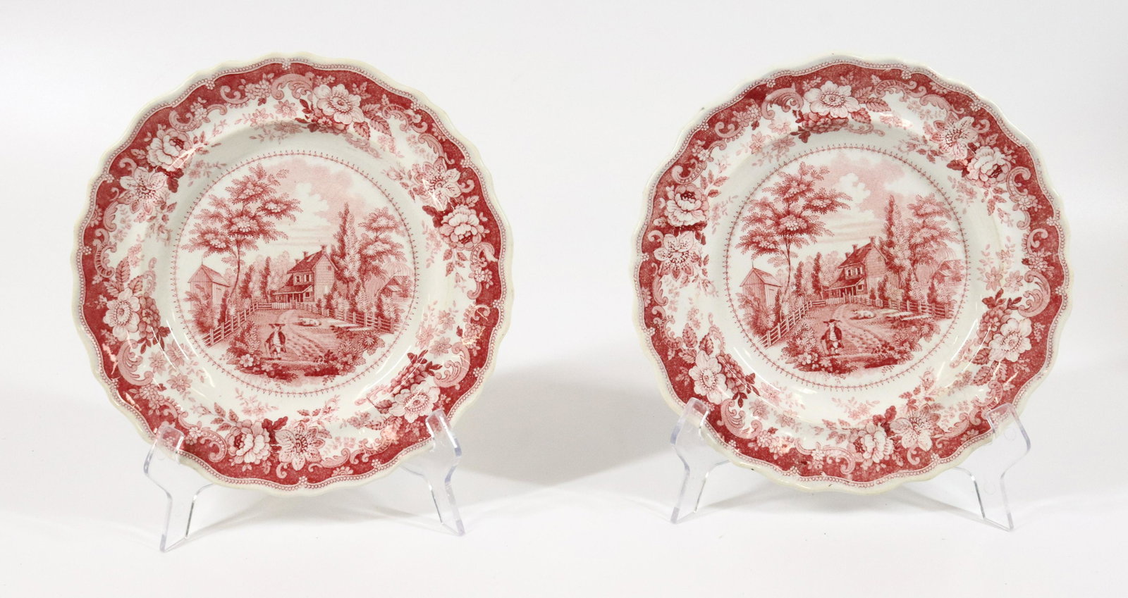 PAIR OF RICHARD JORDAN, NJ TRANSFERWARE PLATES: RED/WHITE SCALLOPED EDGE PLATES "THE RESIDENCE OF THE LATE RICHARD JORDAN, NEW JERSEY" MEASURE 7 3/4" L. UPDATED 2023 Terms for Purchasing and Shipping of Auction Items. Please read carefully before b