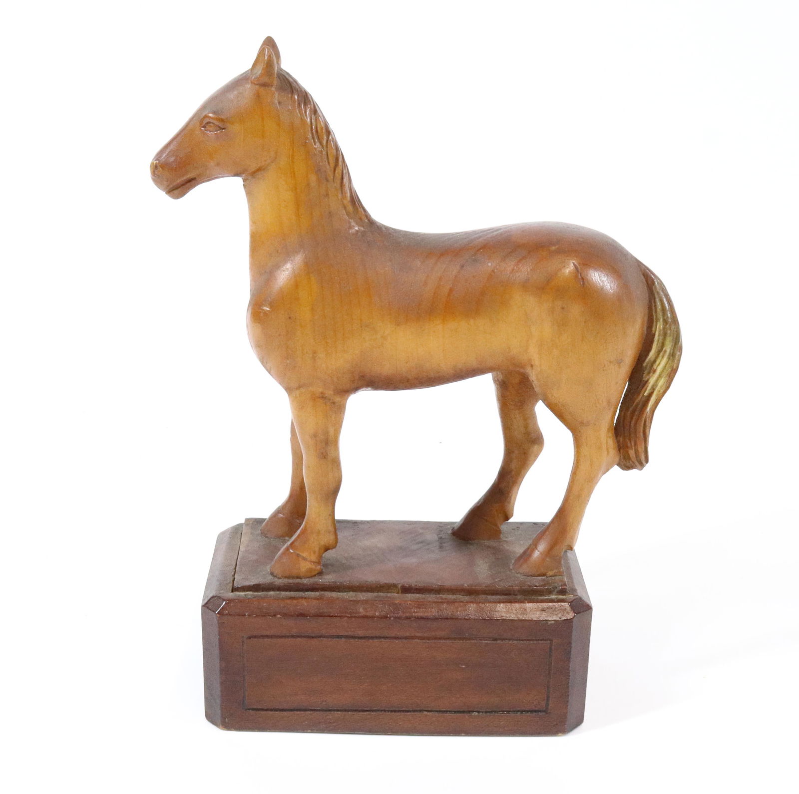 CARVED WOODEN HORSE: FOLK ART HORSE SET INSIDE WOODEN BASE. TRACES OF PAINT HIGHLIGHT TO TAIL. MEASURES 10" X 7 1/2". UPDATED 2023 Terms for Purchasing and Shipping of Auction Items. Please read carefully before bidding.