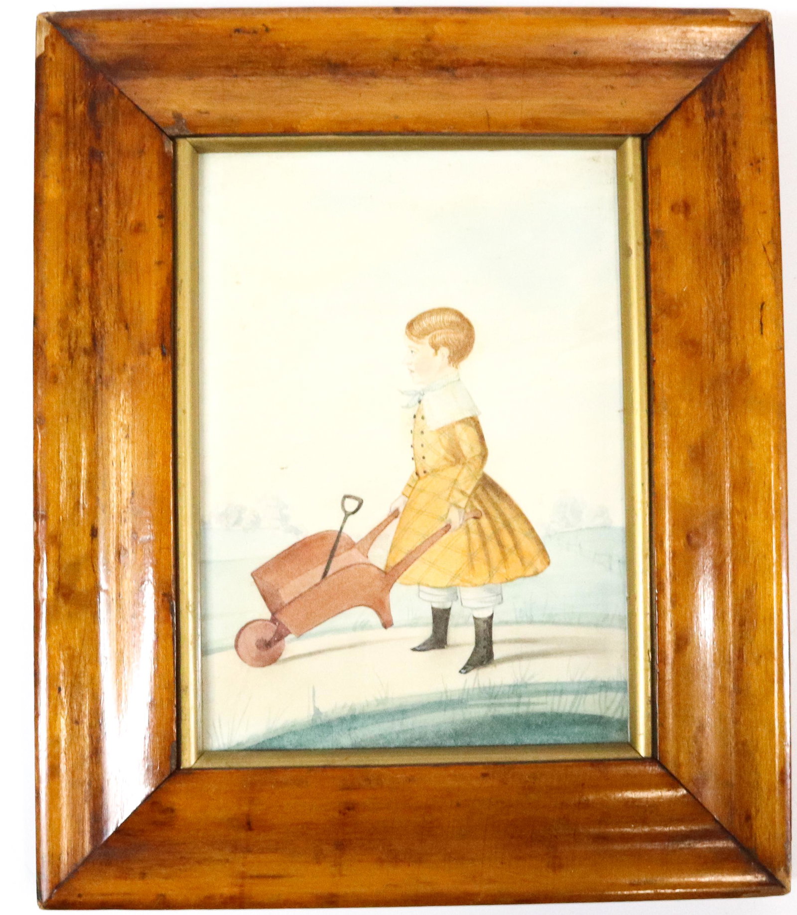 19TH C. WATERCOLOR OF BOY WITH WHEELBARROW (1 of 3)