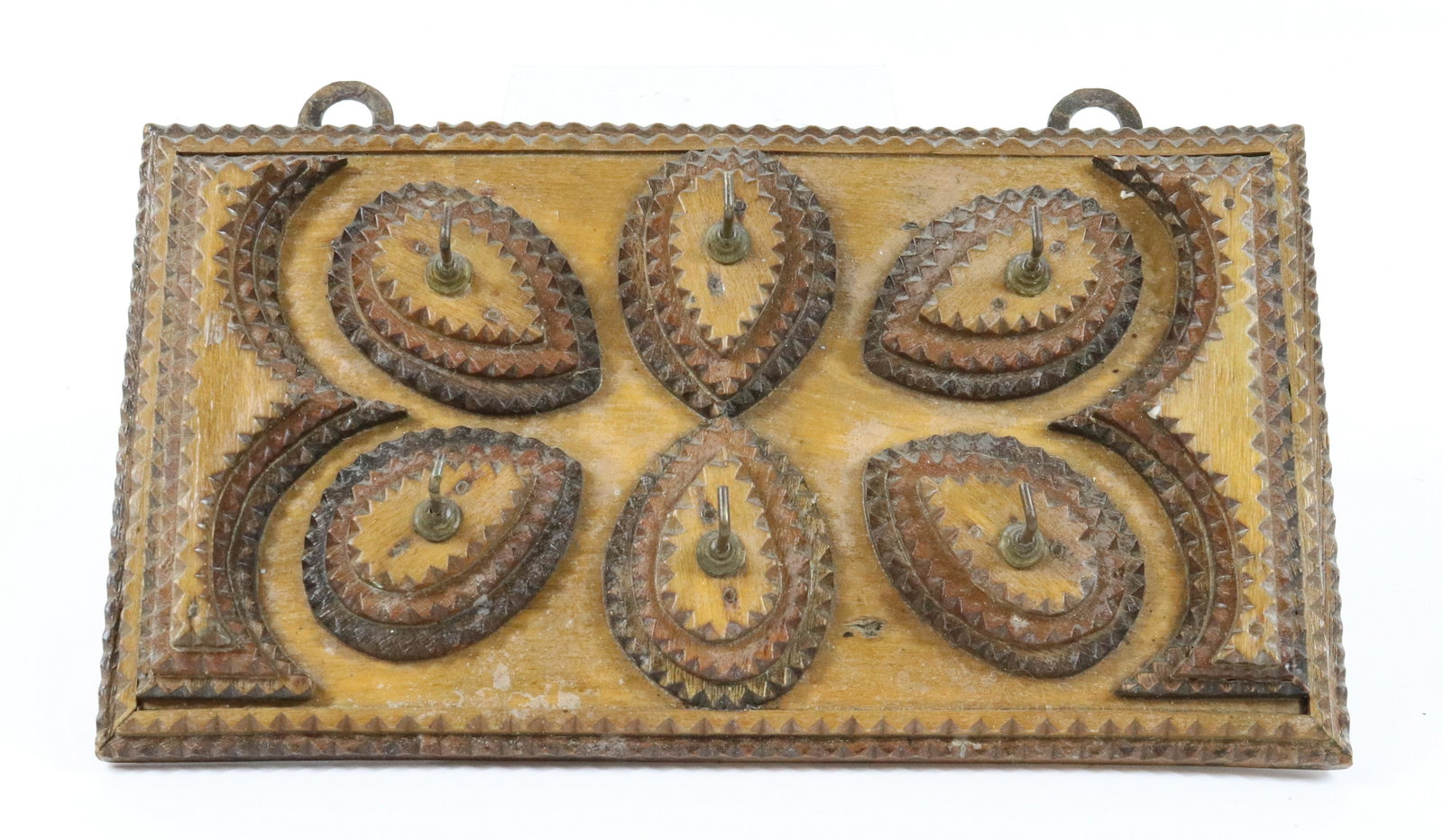TRAMP ART WALL HOOKS: CHIP CARVED LAYERS WITH SIX HOOKS FOR HANGING KEYS. MEASURES 6" X 11". UPDATED 2023 Terms for Purchasing and Shipping of Auction Items. Please read carefully before bidding. All payments for purchases