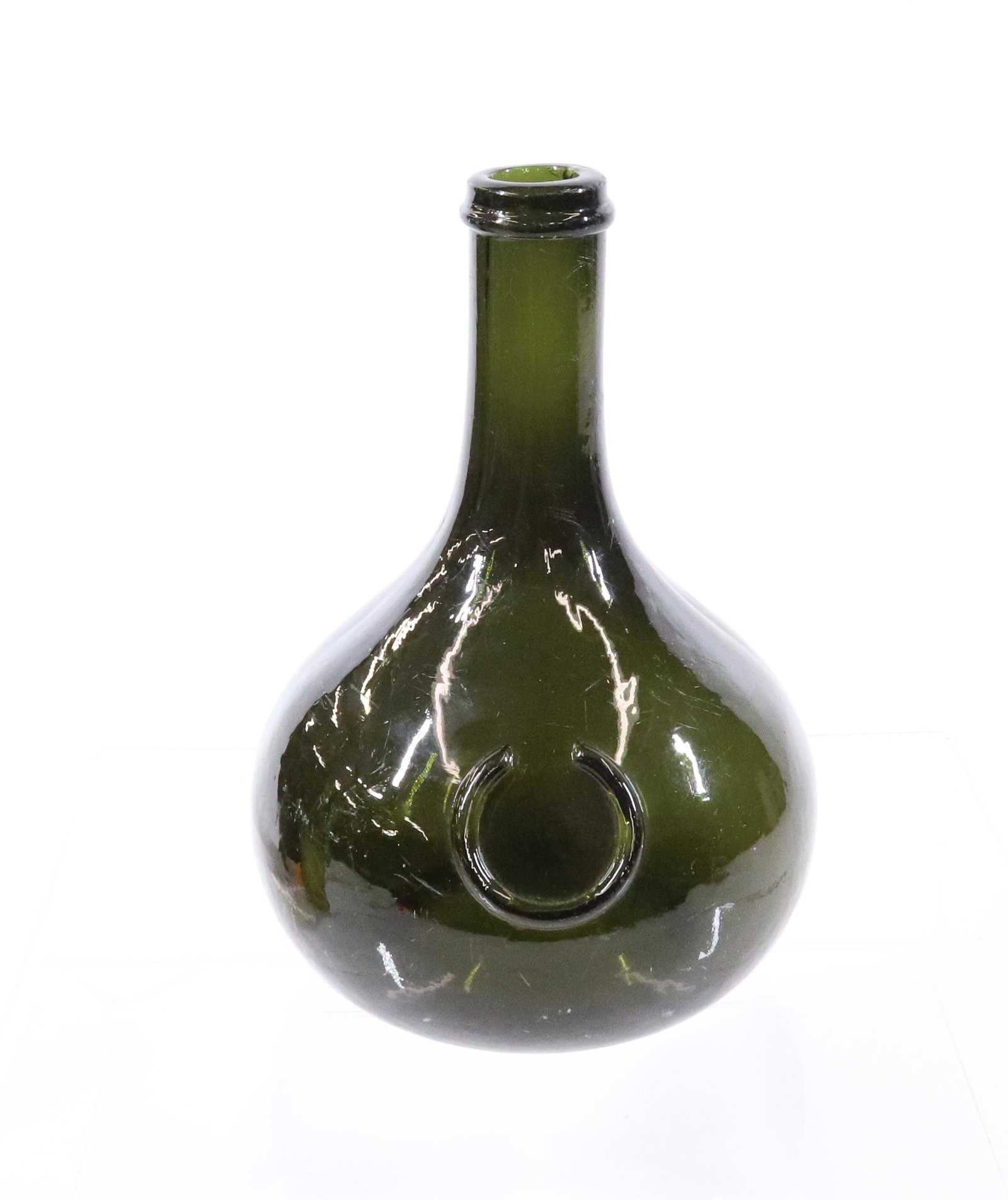 18TH C. LIQUOR BOTTLE: DARK OLIVE WITH KICKED UP BOTTOM. MEASURES 7 1/4" H. UPDATED 2023 Terms for Purchasing and Shipping of Auction Items. Please read carefully before bidding. All payments for purchases will be made thro