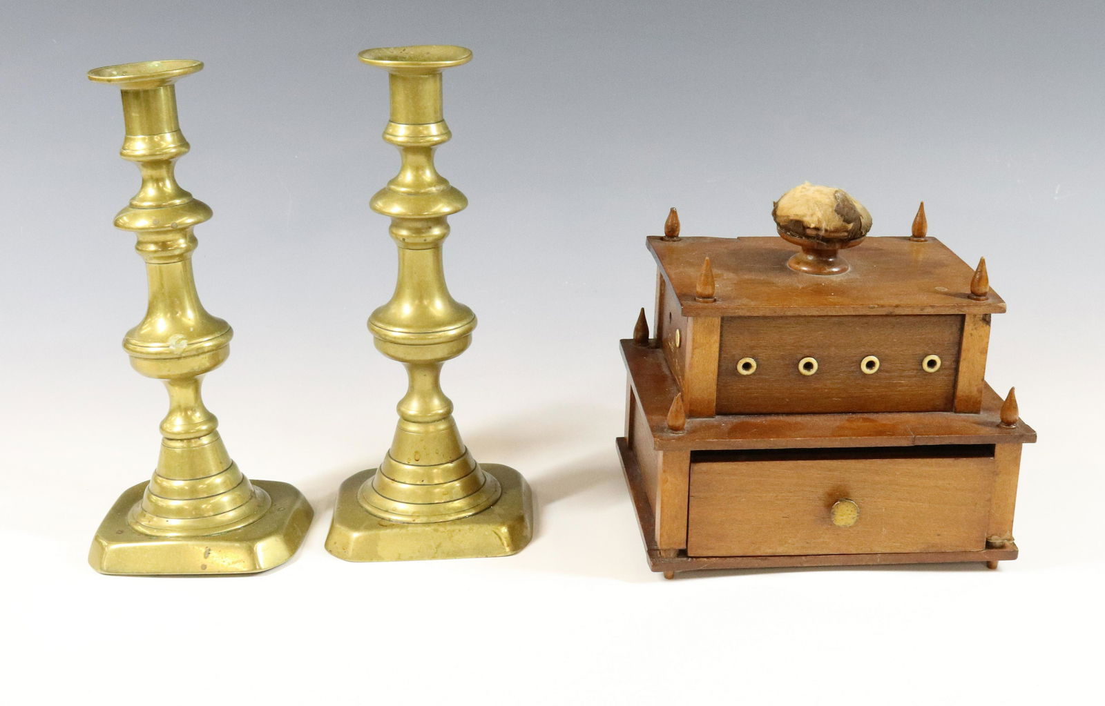 SEWING BOX AND BRASS CANDLESTICKS (1 of 5)