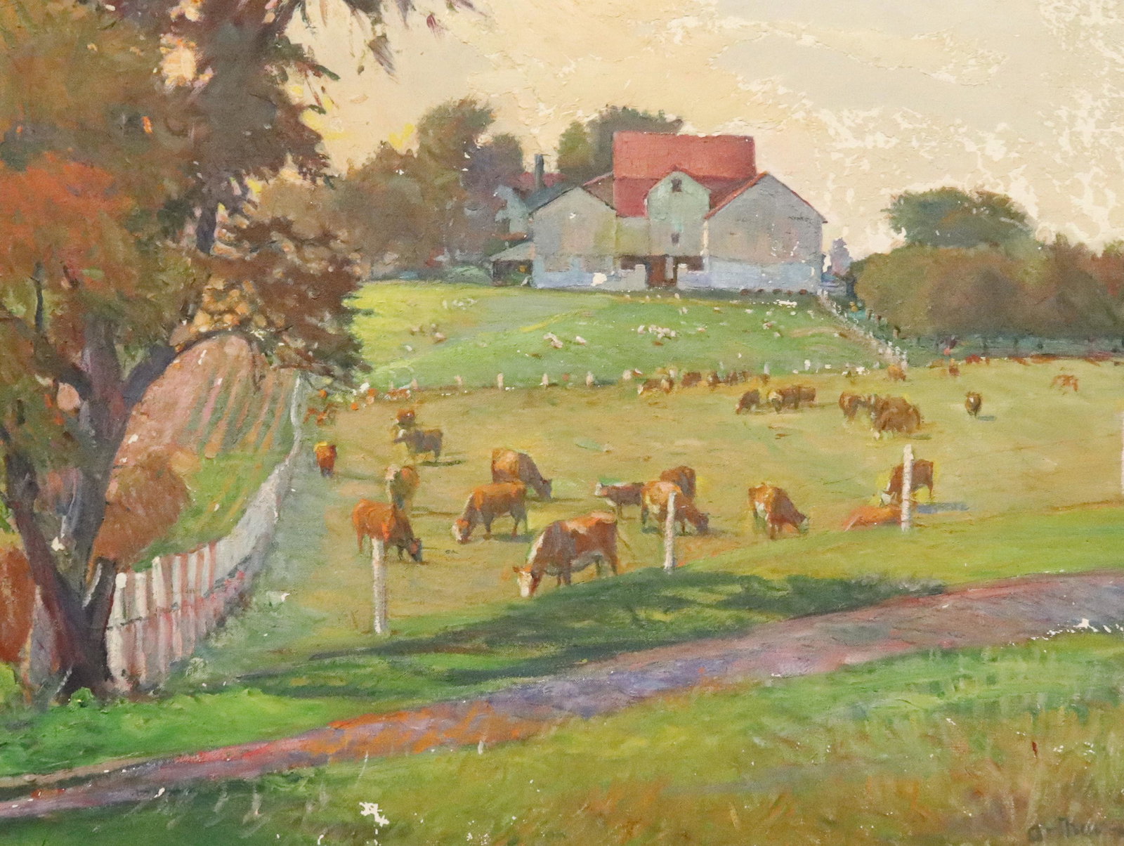PASTORAL OIL ON CANVAS PAINTING: GRAZING CATTLE IN FRONT OF BARN. GILT FRAME. SGND. ARTHUR? BOTTOM RIGHT. SIGHT VIEW 20" X 26 1/4". UPDATED 2023 Terms for Purchasing and Shipping of Auction Items. Please read carefully before bidding