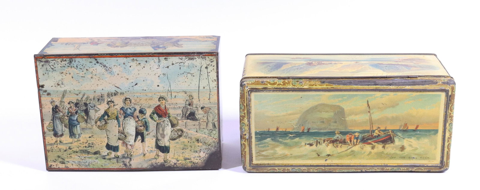 (2) ANTIQUE BISCUIT TINS: MACFARLANE LANG & CO. "OFF THE BARS ROCK" -PEEK FREAN AND CO. WITH BEACH SCENES - 8" AND 7" L UPDATED 2023 Terms for Purchasing and Shipping of Auction Items. Please read carefully before bidding. All