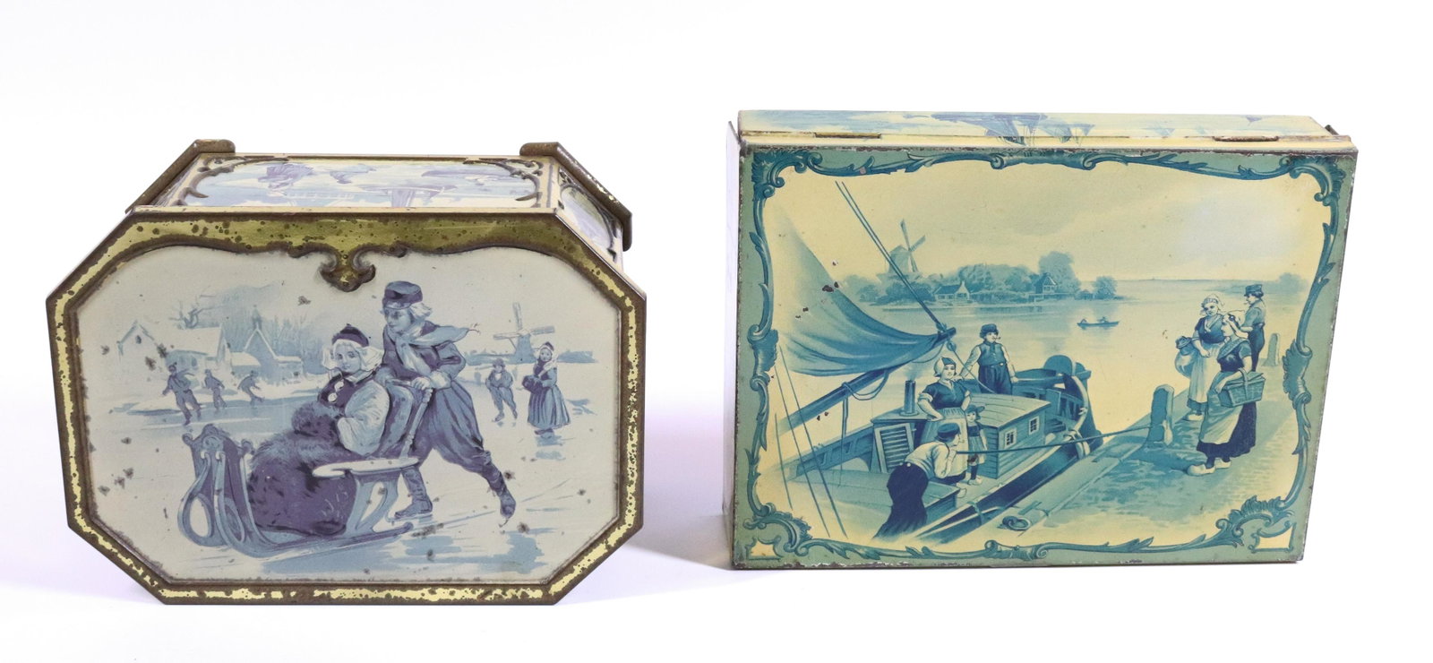 (2) ANTIQUE BISCUIT TINS: HUNTLEY & PALMERS - OCTAGONAL TIN WITH DUTCH SCENE CIRCA 1909 - SQUARE BOX WITH DUTCH SCENE CIRCA 1897 - 7 1/2" AND 8" L UPDATED 2023 Terms for Purchasing and Shipping of Auction Items. Please read ca