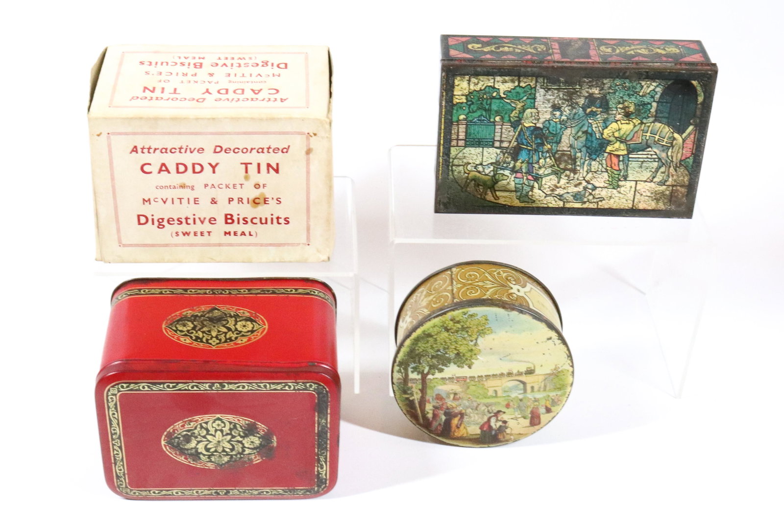 (3) ANTIQUE BISCUIT TINS: UNMARKED "RAILWAY CENTENNIAL", HUNTLEY & PALMERS, AND MCVITIE AND PRICE WITH ORIGINAL BOX - 4", 5 3/4", AND 5" L UPDATED 2023 Terms for Purchasing and Shipping of Auction Items. Please read carefully 