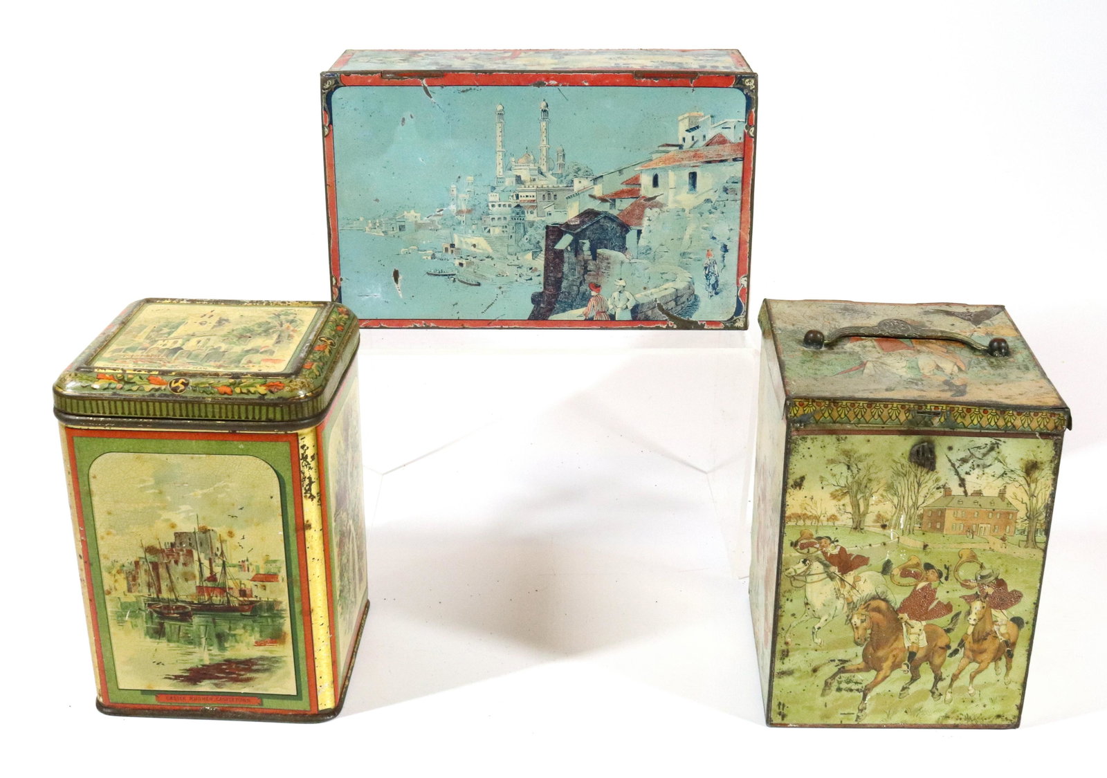 (3) ANTIQUE BISCUIT TINS: HUNTLEY & PALMERS, THE CO-OP WHOLESALE SOCIETY, AND PEEK AND FREAN - 7 1/8"L, 5 3/4" H, AND 5 1/2" H UPDATED 2023 Terms for Purchasing and Shipping of Auction Items. Please read carefully before biddi