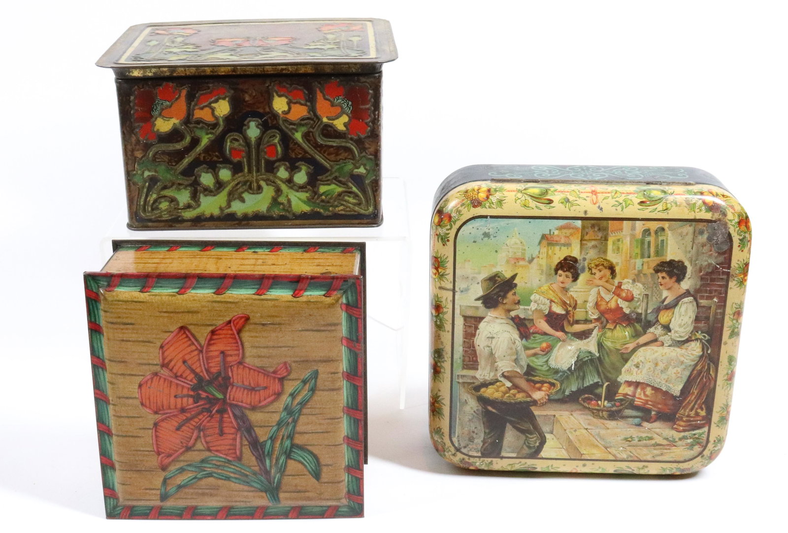 (3) ANTIQUE BISCUIT TINS: C.W.S. TIN - MCVITIE AND PRICE - HUNTLEY & PALMERS "RECREATION CIRCA 1895" - 5 1/4", 6 3/4", AND 6 1/4" L UPDATED 2023 Terms for Purchasing and Shipping of Auction Items. Please read carefully before 