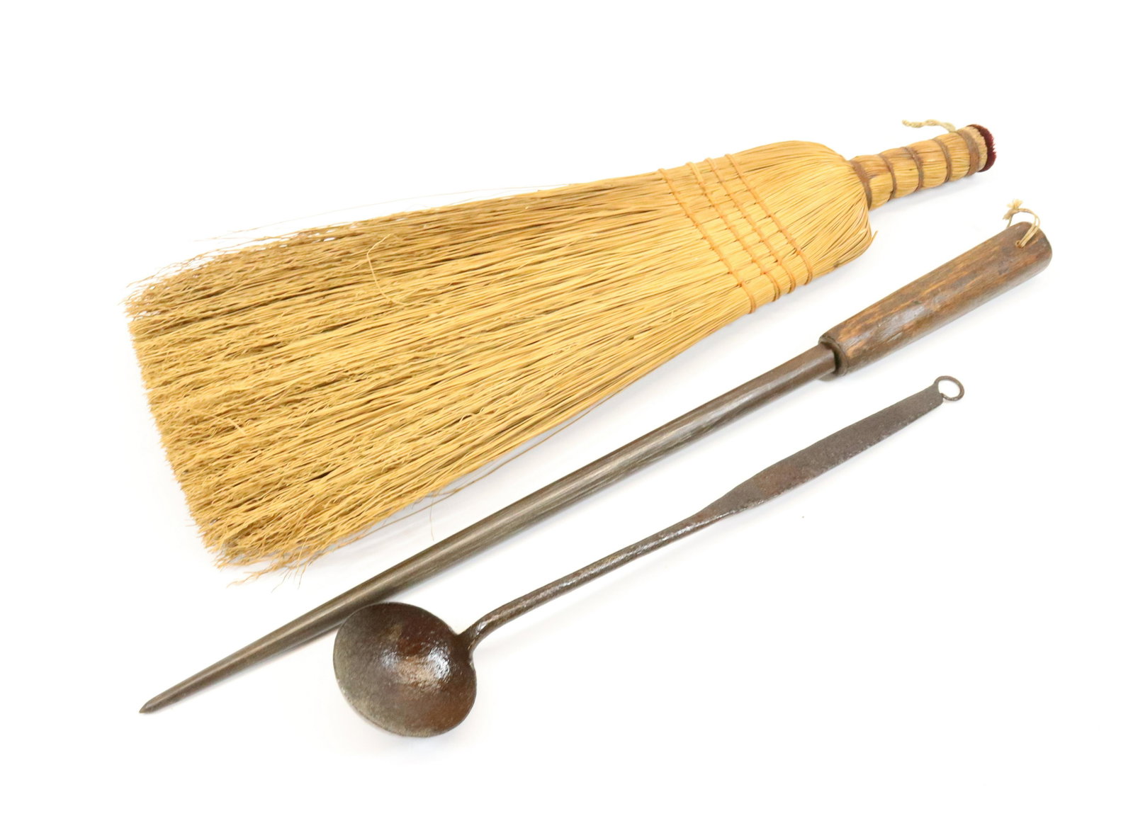 LARGE WHISK BROOM AND IRON IMPLEMENTS: IRON LADLE, POKER AND BROOM 18 1/4" L. UPDATED 2023 Terms for Purchasing and Shipping of Auction Items. Please read carefully before bidding. All payments for purchases will be made through LiveAuctio