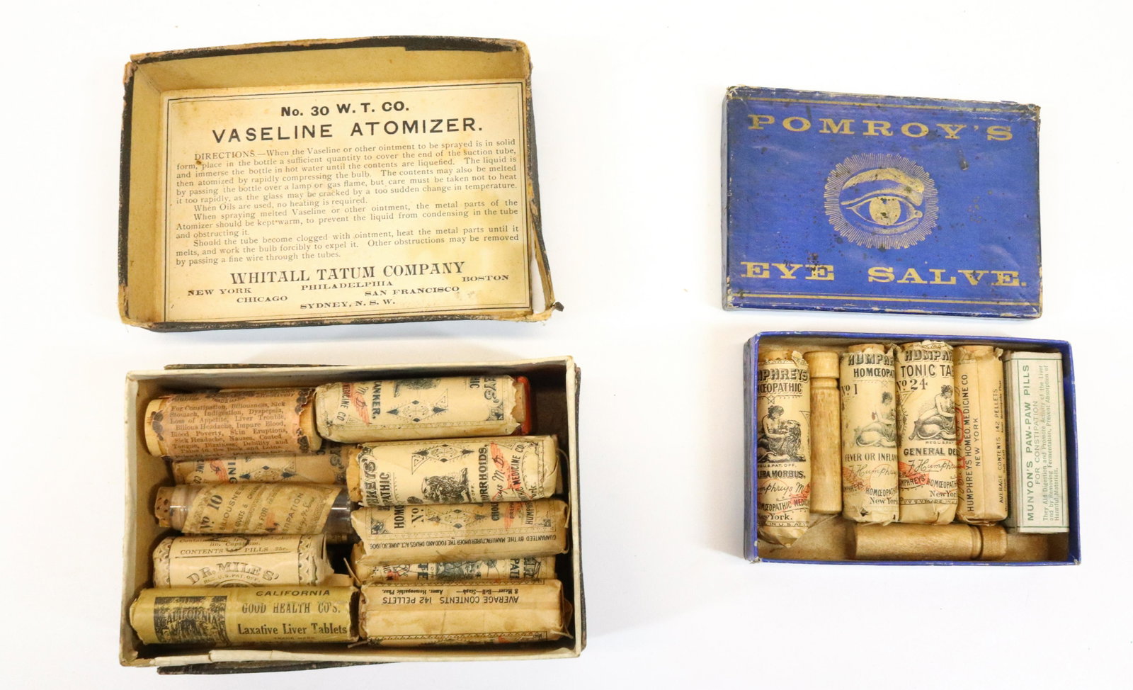 LOT OF ANTIQUE MEDICINES: HUMPHREY'S HOMEOPATHIC IN ORIGINAL CONTAINERS AND LABELING. UPDATED 2023 Terms for Purchasing and Shipping of Auction Items. Please read carefully before bidding. All payments for purchases will be ma