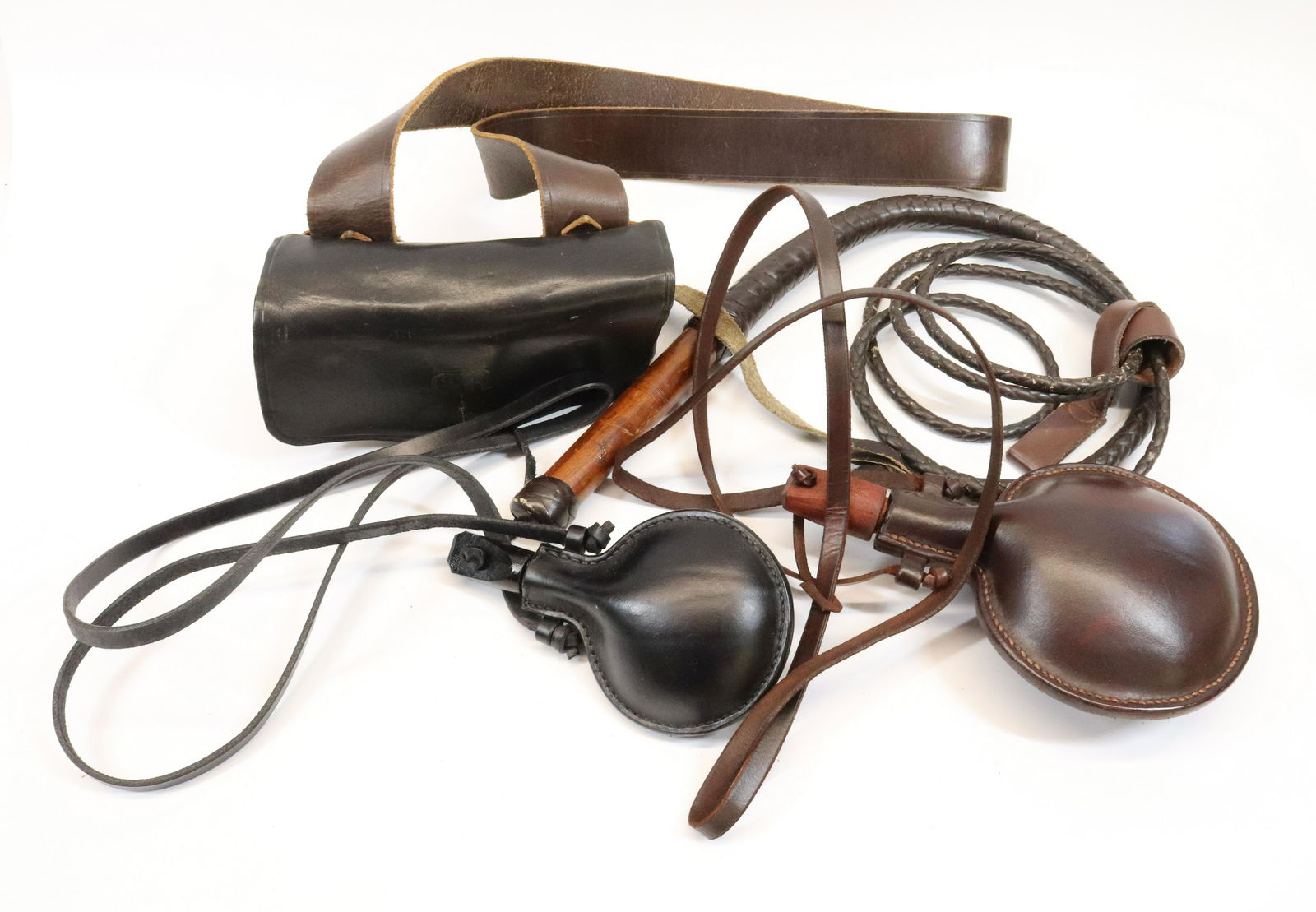 LEATHER CANTEENS, AMMO CARTRIDGE POUCH AND WHIP (1 of 5)