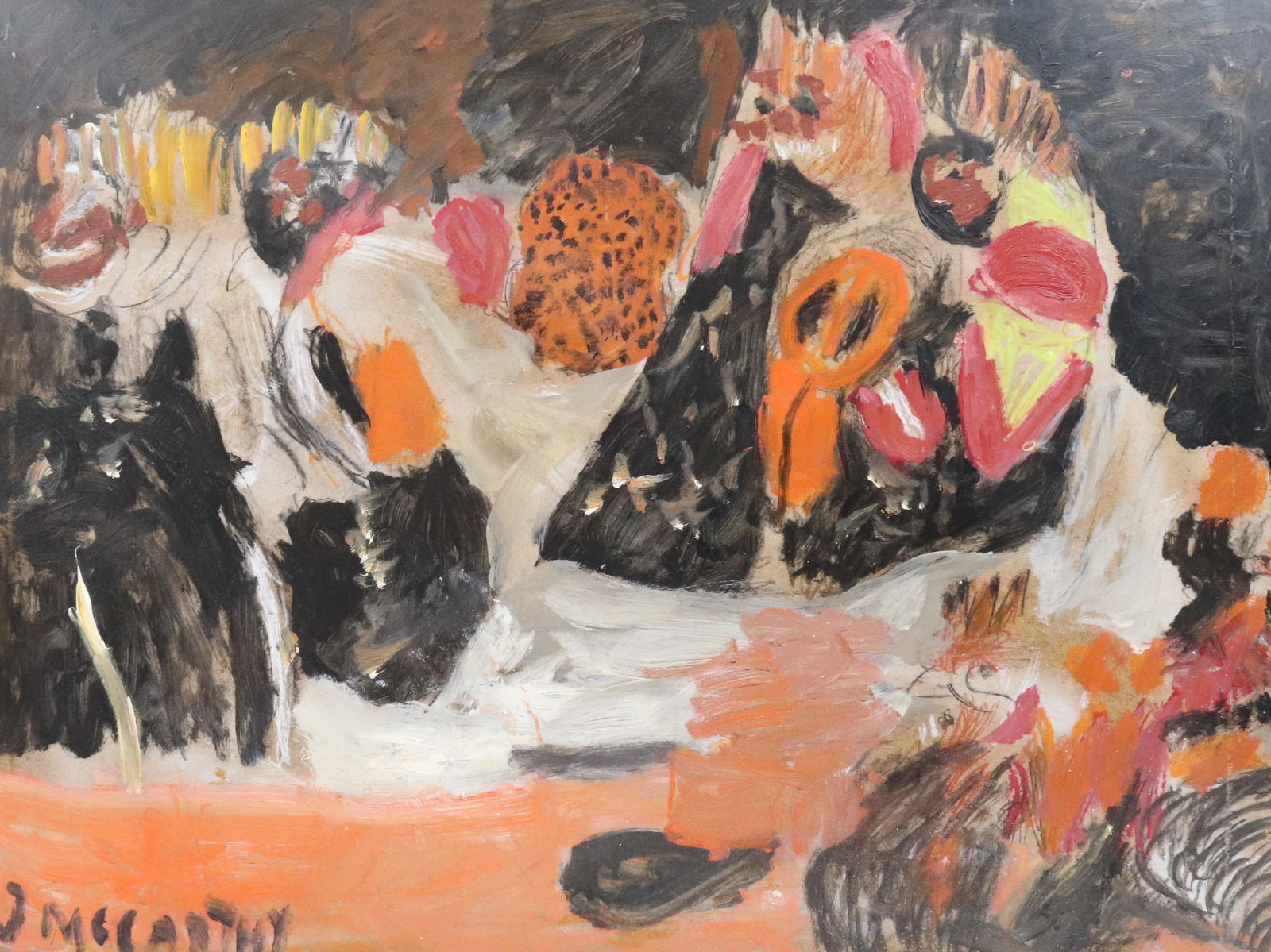 JUSTIN MCCARTHY, OIL ON BOARD: MUMMERS PARADE SIGNED LOWER LEFT, TITLED ON BACK - UNFRAMED - 18" X 24" - #274 PROVENANCE: FROM THE STERLING STRAUSER ESTATE AND PRIVATE COLLECTION OF KATHRYN ZERVOS, GRANDDAUGHTER OF STERLING STRAUSE