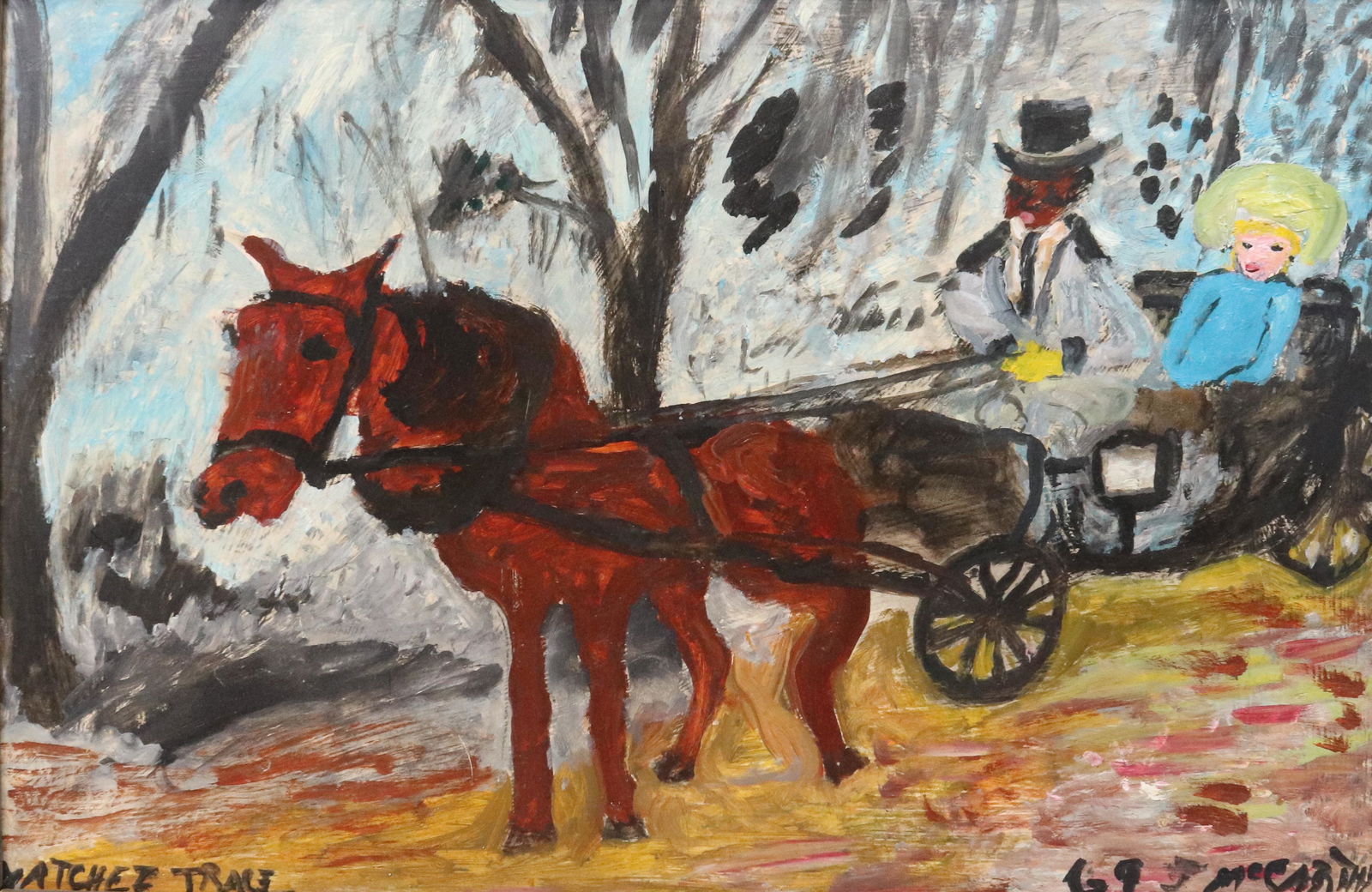 JUSTIN MCCARTHY OIL ON BOARD: WATCHERS TRAIL, SIGNED AND DATED LOWER RIGHT 69 - FRAMED 16" X 24" - #269 PROVENANCE: FROM THE STERLING STRAUSER ESTATE AND PRIVATE COLLECTION OF KATHRYN ZERVOS, GRANDDAUGHTER OF STERLING STRAUSER. TE