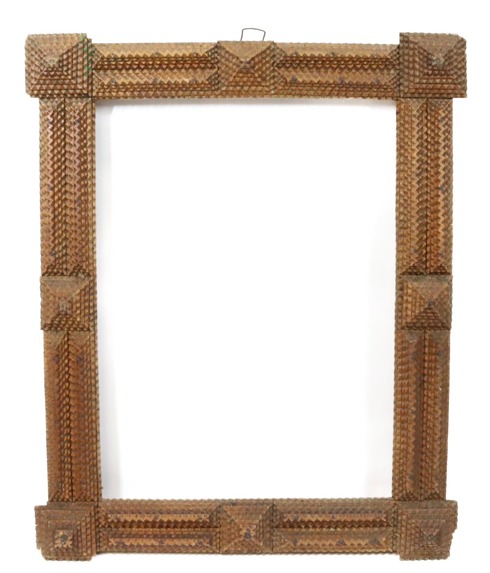 TRAMP ART FRAME: CHIP CARVED CONSTRUCTION - INTERIOR 19 1/4" X 14 1/4" - EXTERIOR 25 1/2" X 20 1/2" PROVENANCE: UPDATED 2023 TERMS FOR PURCHASING AND SHIPPING OF AUCTION ITEMS. PLEASE READ CAREFULLY BEFORE BIDDING. AL
