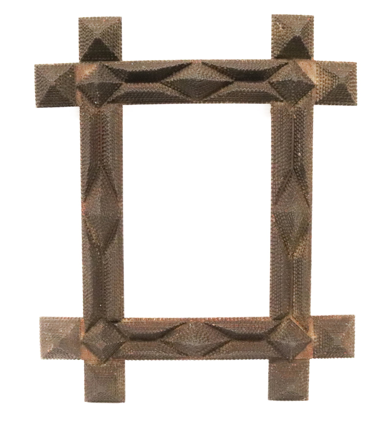 TRAMP ART FRAME: CHIP CARVED WITH 10 LAYERS, DARK SURFACE - INTERIOR 12 1/2" X 8 3/4" - EXTERIOR 23 1/2" X 19 1/2" PROVENANCE: UPDATED 2023 TERMS FOR PURCHASING AND SHIPPING OF AUCTION ITEMS. PLEASE READ CAREFULLY BEF