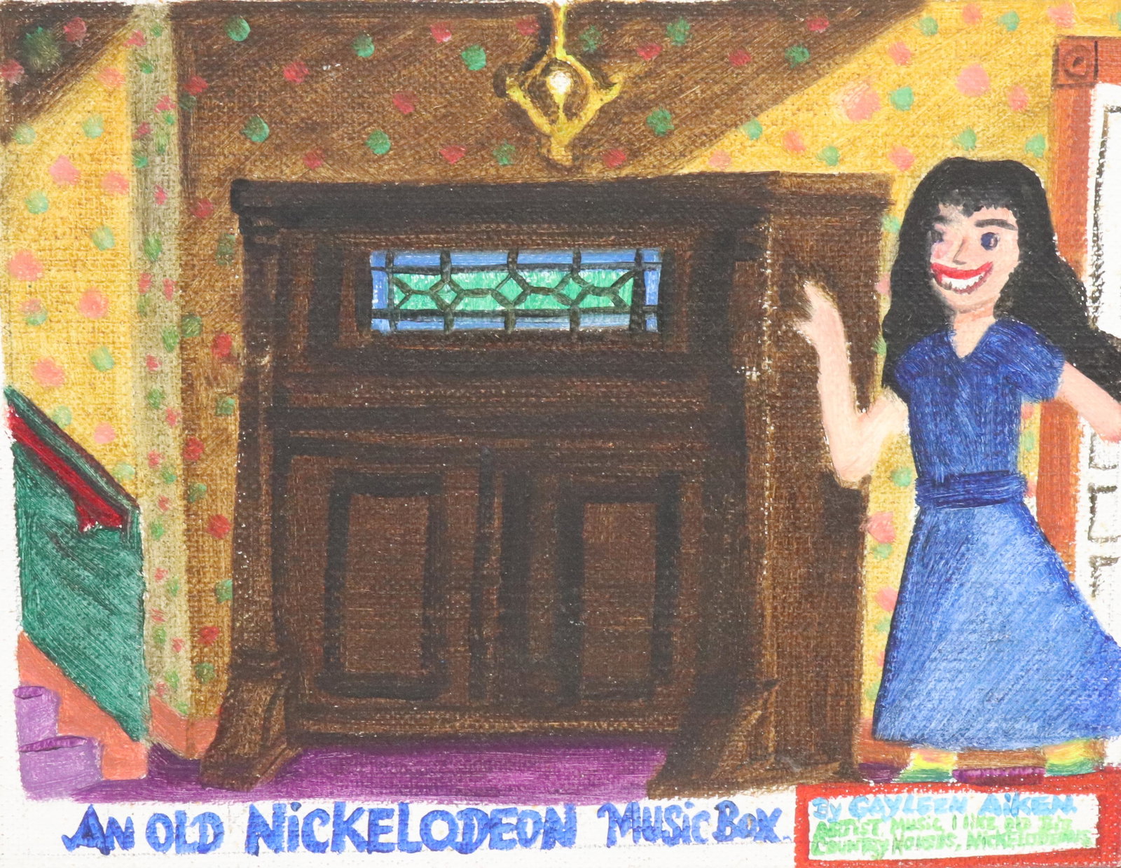 GAYLEEN AIKEN (1934-2005, AMERICAN): A NICKELODEON MUSIC BOX OIL ON BOARD WITH ARTIST'S MESSAGE ON REVERSE. UNFRAMED 7" X 9". PROVENANCE: FROM THE STERLING STRAUSER ESTATE AND PRIVATE COLLECTION OF KATHRYN ZERVOS, GRANDDAUGHTER OF STERLI