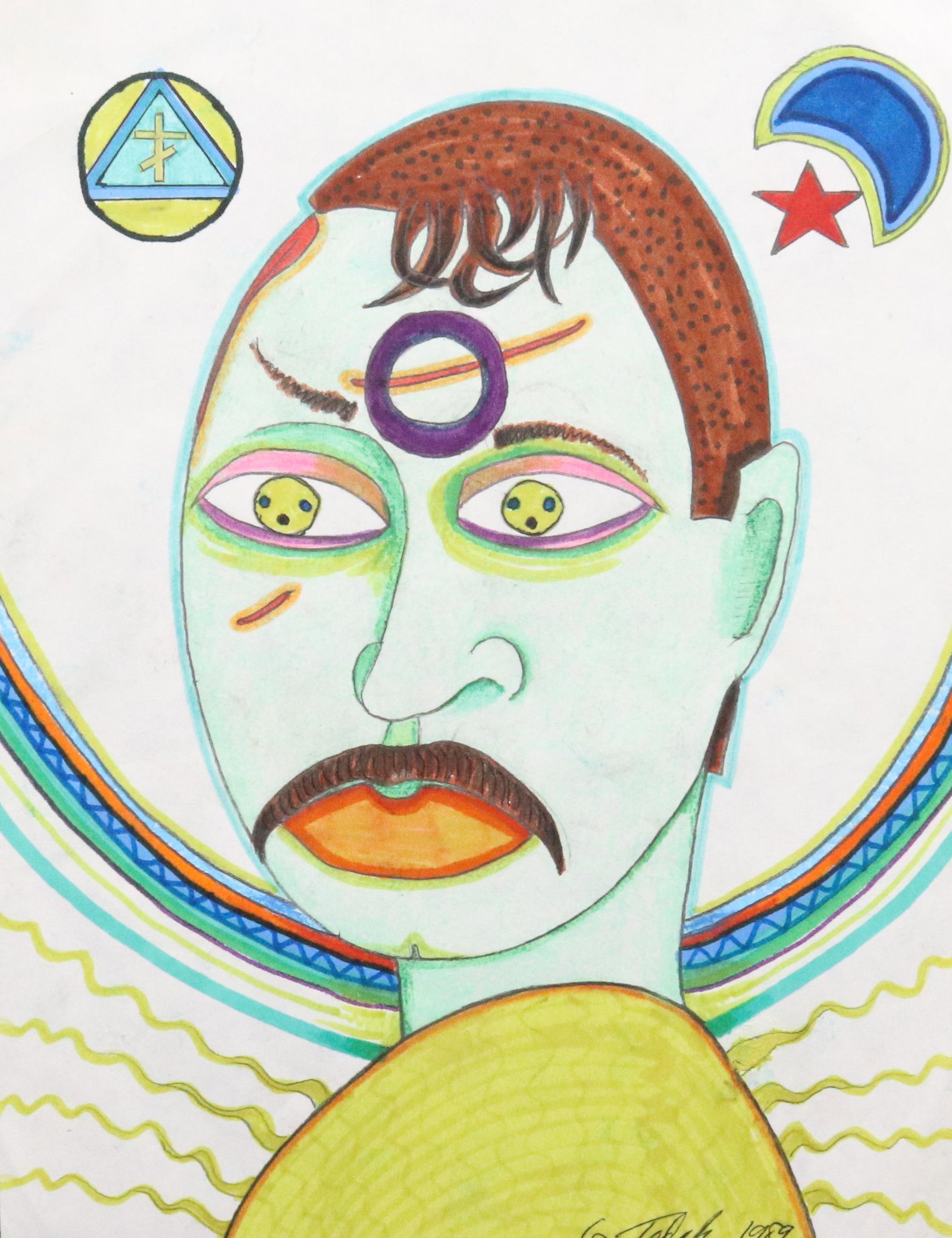 GARY TODAK MARKER ON PAPER: DEPICTS MAN WITH SYMBOLS. SGND. LOWER RIGHT, DATED 1989. UNFRAMED. 11" X 9" PROVENANCE: FROM THE STERLING STRAUSER ESTATE AND PRIVATE COLLECTION OF KATHRYN ZERVOS, GRANDDAUGHTER OF STERLING STRAUSER. 