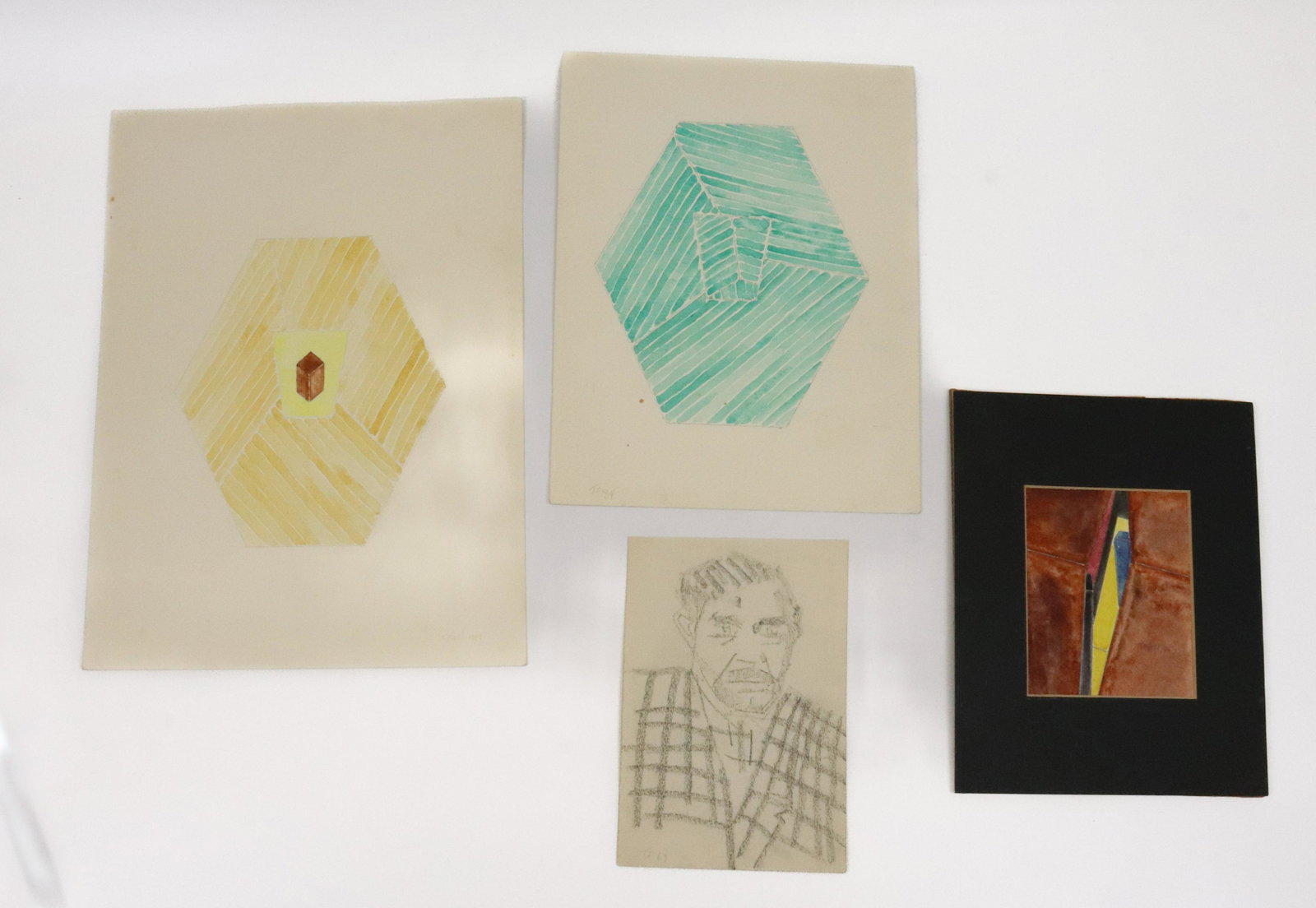 (4)TOM FISH WATERCOLORS: INCLUDING: TOM FISH INTERIOR DATED 76, TOM FISH GEOMETRIC PENTAGON 1987, GEOMETRIC IN GREEN 1984 AND TOM FISH SELF PORTRAIT (PENCIL ON PAPER ) 1969.LARGEST 14 1/4" X 11" PROVENANCE: FROM THE STERLING 