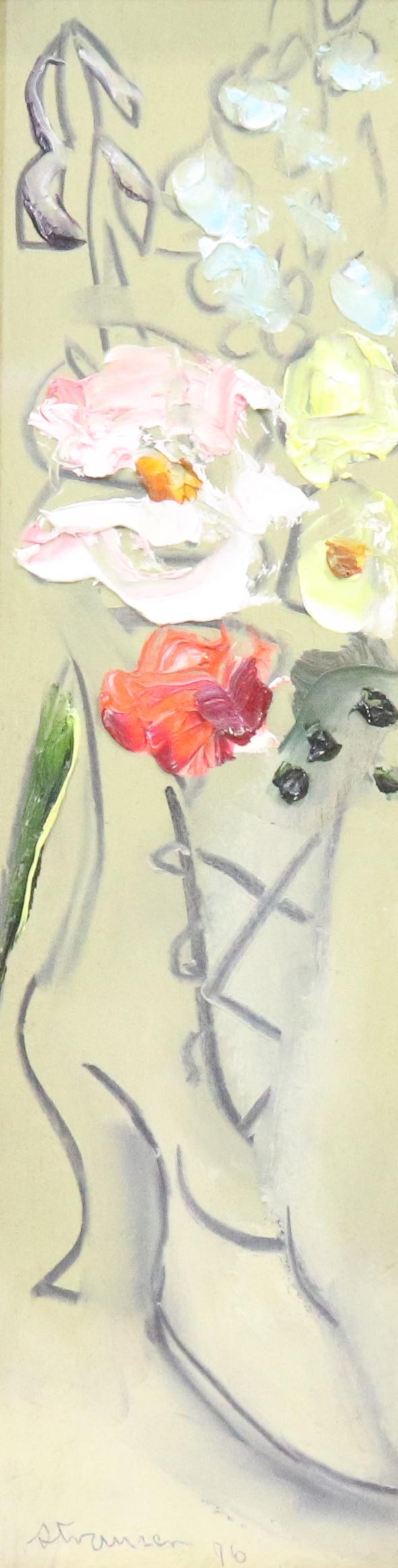 STERLING STRAUSER OIL ON BOARD: FLOWER IN HIGH BUTTON BOOT. SGND/DATED BOTTOM 76. FRAMED. 14" X 4 3/4". PROVENANCE: UPDATED 2023 TERMS FOR PURCHASING AND SHIPPING OF AUCTION ITEMS. PLEASE READ CAREFULLY BEFORE BIDDING. ALL PAYMENTS 