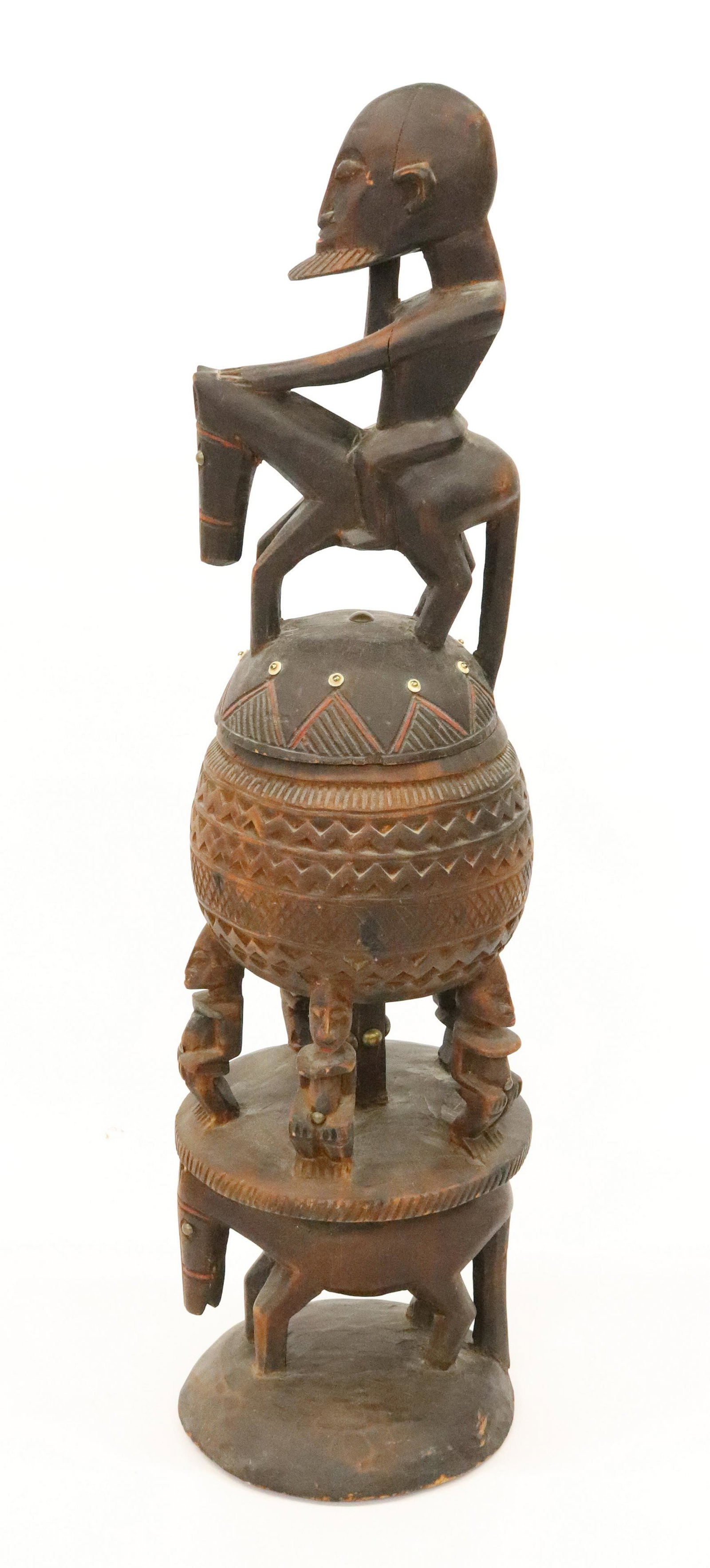 CARVED WEST AFRICAN BOWL: DOGAN MALI LIDDED BOWL - CARVED WITH PAINTED HIGHLIGHTS AND EMBELLISHMENT, 43 1/2" H PROVENANCE: UPDATED 2023 TERMS FOR PURCHASING AND SHIPPING OF AUCTION ITEMS. PLEASE READ CAREFULLY BEFORE BIDDING. 