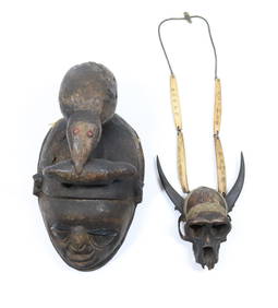 CARVED AFRICAN MASK AND NECKLACE WITH SKULL (1 of 6)