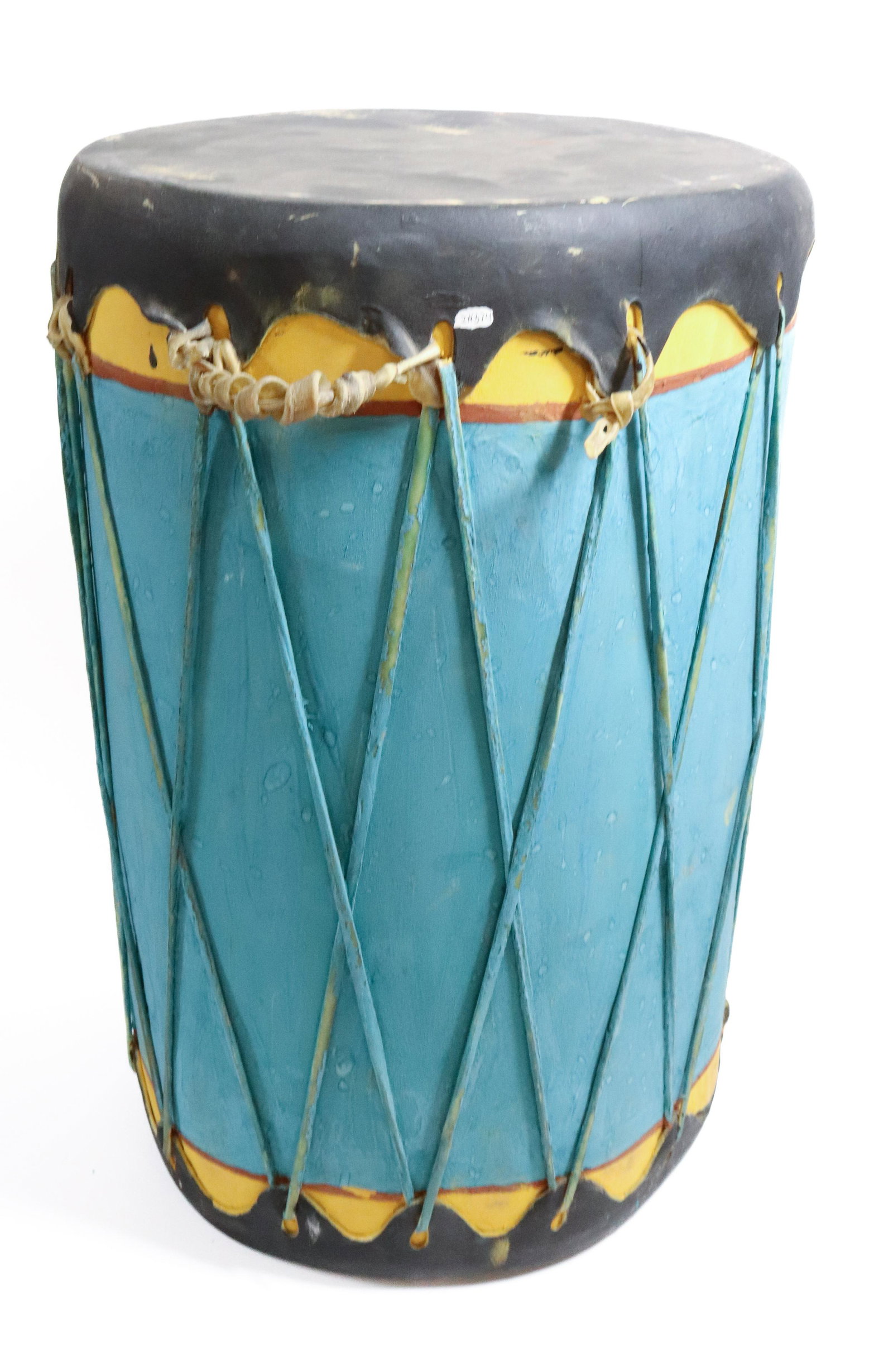 NATIVE AMERICAN CEREMONIAL DRUM: TURQUOISE, YELLOW AND BLACK. 20" X 13". (COCHITI PUEBLO-STYLE) UPDATED 2023 TERMS FOR PURCHASING AND SHIPPING OF AUCTION ITEMS. PLEASE READ CAREFULLY BEFORE BIDDING. ALL PAYMENTS FOR PURCHASES WILL BE
