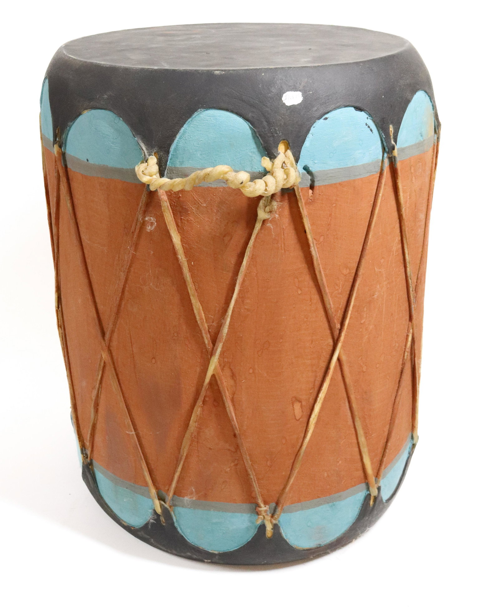 NATIVE AMERICAN CEREMONIAL DRUM: RED, TURQUOISE AND BLACK. 16" X 12 1/2". (COCHITI PUEBLO-STYLE). UPDATED 2023 TERMS FOR PURCHASING AND SHIPPING OF AUCTION ITEMS. PLEASE READ CAREFULLY BEFORE BIDDING. ALL PAYMENTS FOR PURCHASES WILL