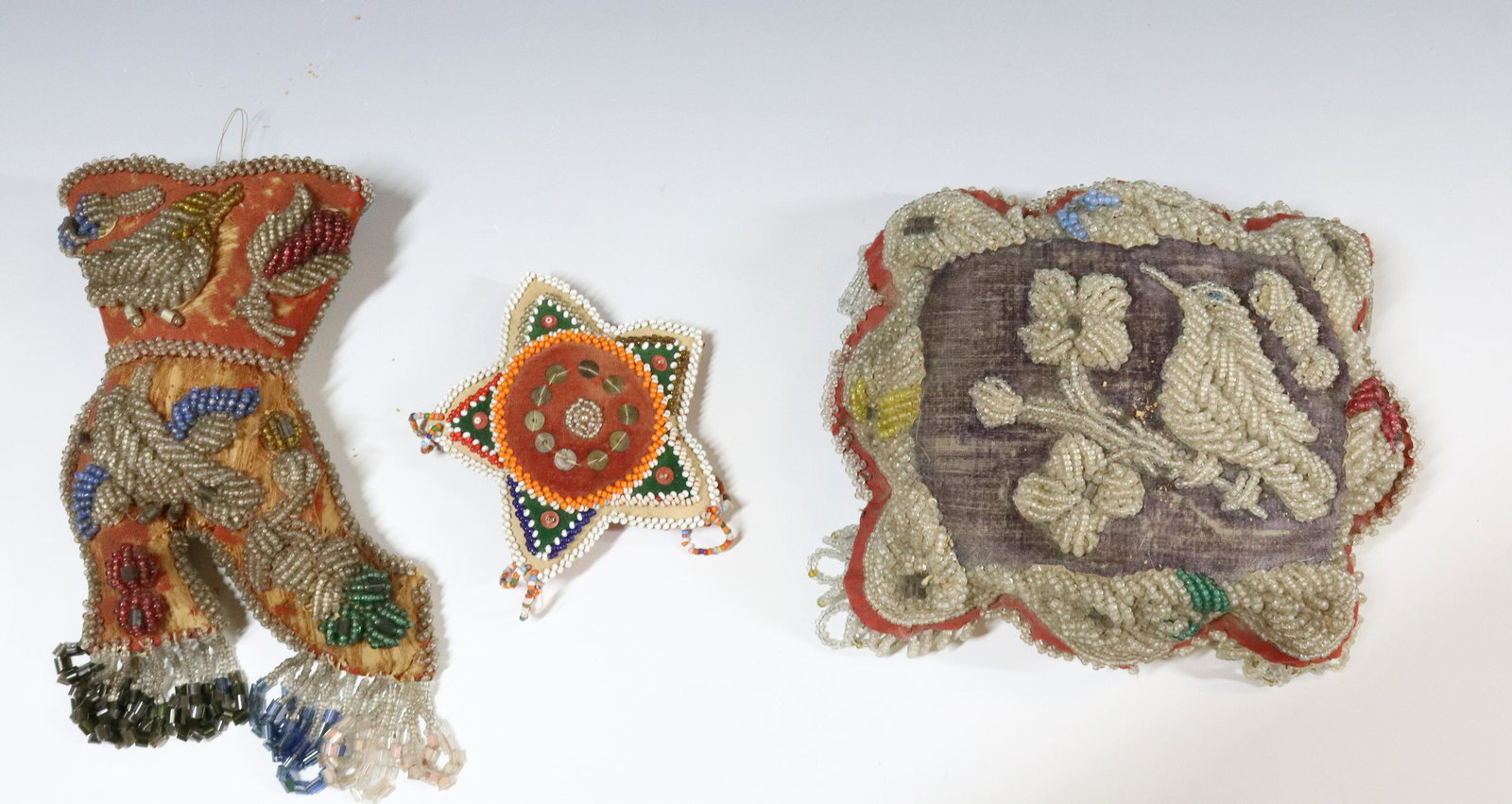 LOT OF IROQUOIS BEADWORK: INCLUDING: PILLOW WITH BIRD ON BRANCH, BOOT AND STAR. LARGEST 7" X 8 1/2". UPDATED 2023 TERMS FOR PURCHASING AND SHIPPING OF AUCTION ITEMS. PLEASE READ CAREFULLY BEFORE BIDDING. ALL PAYMENTS FOR PURCH