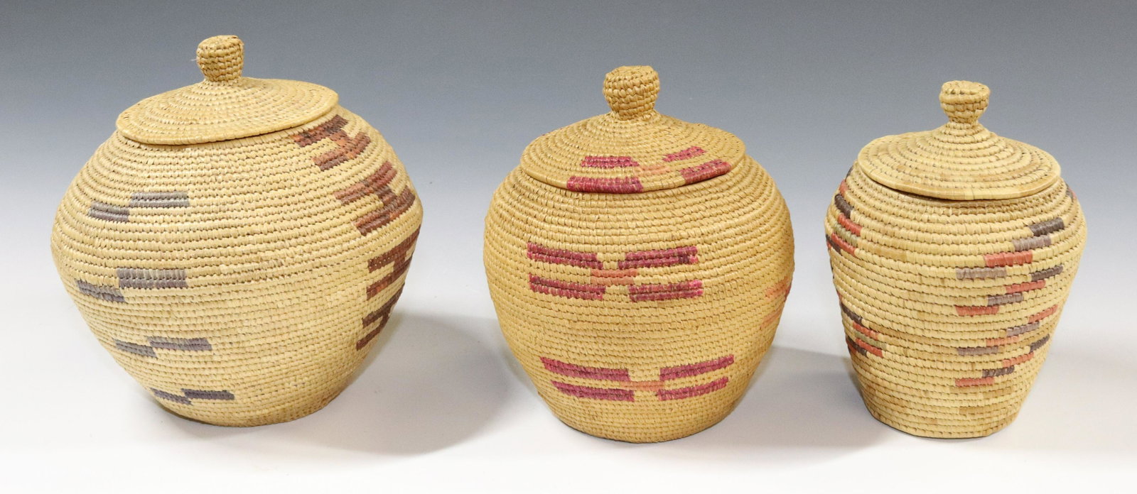 (3) VINTAGE LIDDED BASKETS: NATIVE AMERICAN OR INUIT. LARGEST 5 1/4" X 5" D. UPDATED 2023 TERMS FOR PURCHASING AND SHIPPING OF AUCTION ITEMS. PLEASE READ CAREFULLY BEFORE BIDDING. ALL PAYMENTS FOR PURCHASES WILL BE MADE THROUGH 