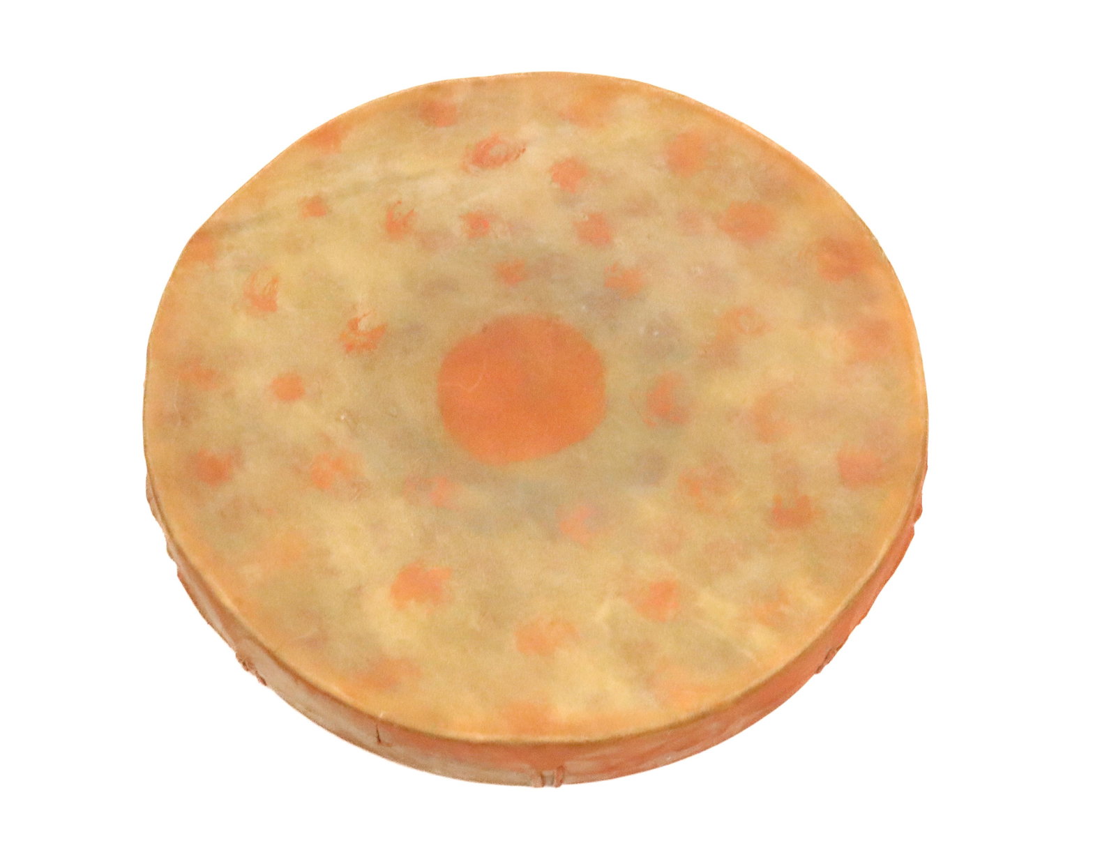 PAINT DECORATED NATIVE AMERICAN DRUM: HAND DRUM IN ORANGE. 16" D. UPDATED 2023 TERMS FOR PURCHASING AND SHIPPING OF AUCTION ITEMS. PLEASE READ CAREFULLY BEFORE BIDDING. ALL PAYMENTS FOR PURCHASES WILL BE MADE THROUGH LIVEAUCTIONEERS.COM P