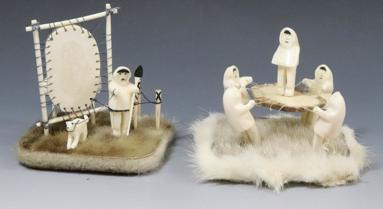 (2) INUIT VIGNETTE CARVINGS: CARVED BONE FIGURES SURROUNDING TRAMPOLINE AND FIGURE WITH DOG (SGND. ON BACK) 4 1/2" X 5 1/2". UPDATED 2023 TERMS FOR PURCHASING AND SHIPPING OF AUCTION ITEMS. PLEASE READ CAREFULLY BEFORE BIDDING. A