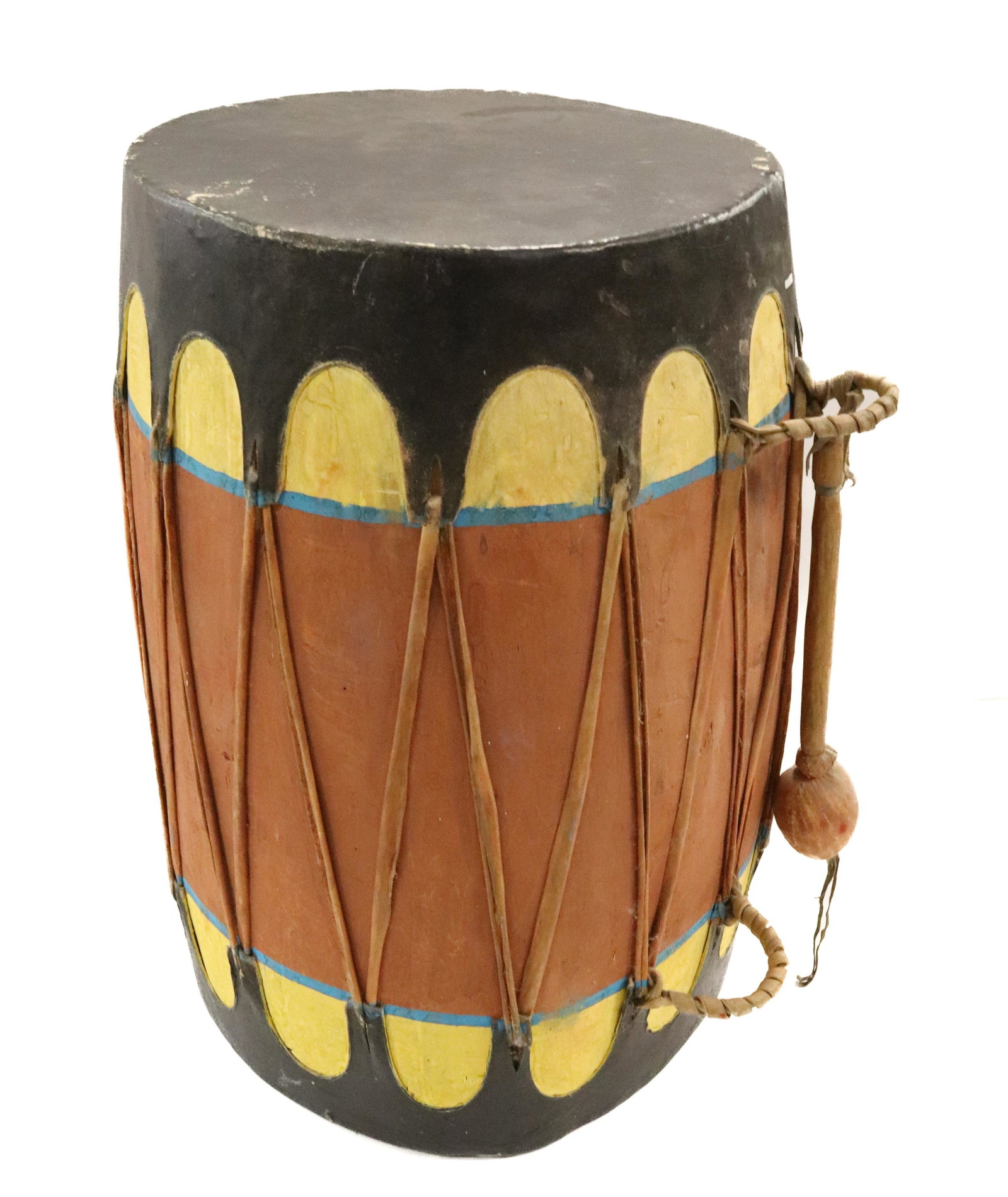 NATIVE AMERICAN CEREMONIAL DRUM: BROWN/YELLOW/BLACK. 24" X 16". UPDATED 2023 TERMS FOR PURCHASING AND SHIPPING OF AUCTION ITEMS. PLEASE READ CAREFULLY BEFORE BIDDING. ALL PAYMENTS FOR PURCHASES WILL BE MADE THROUGH LIVEAUCTIONEERS.CO