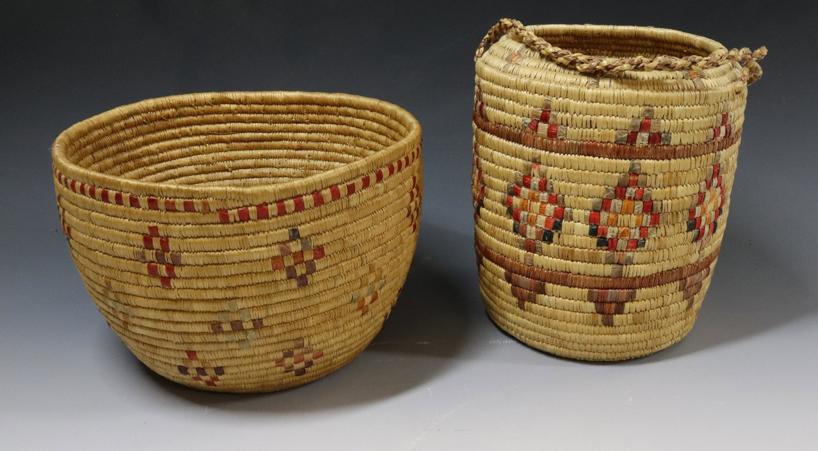 (2) ALASKAN ESKIMO BASKETS: DYED GEOMETRIC PATTERNS - 6" X 9" AND 8" X 7 1/2" UPDATED 2023 TERMS FOR PURCHASING AND SHIPPING OF AUCTION ITEMS. PLEASE READ CAREFULLY BEFORE BIDDING. ALL PAYMENTS FOR PURCHASES WILL BE MADE THROUGH