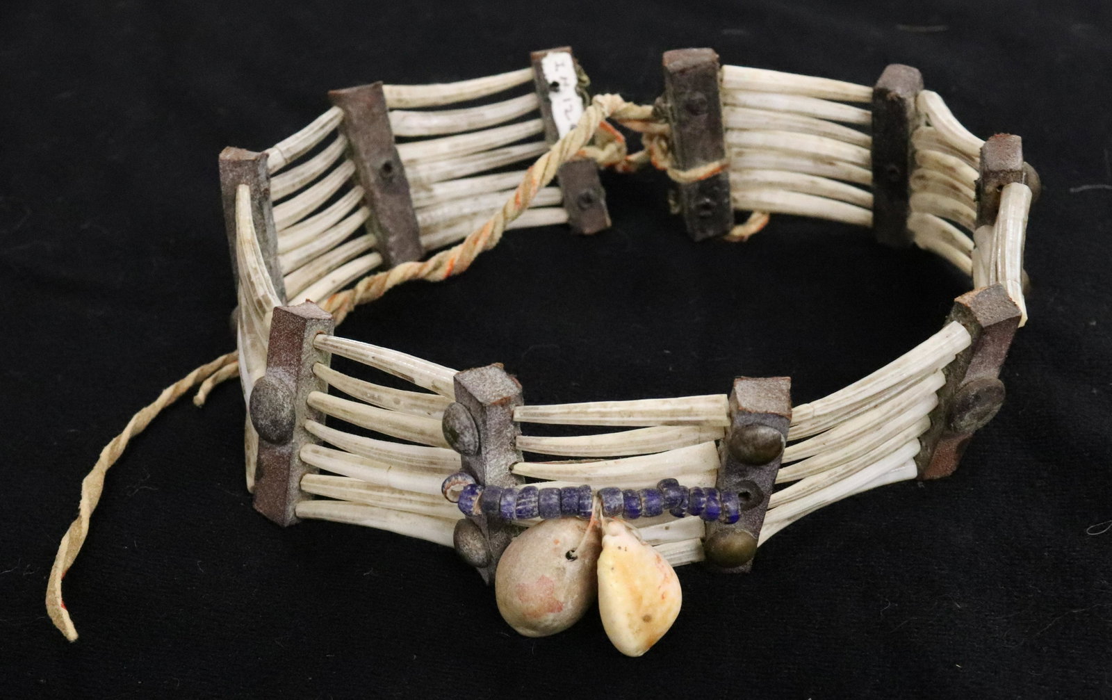 NATIVE AMERICAN CHOKER NECKLACE: QUILL, LEATHER, AND BRASS WITH BEAD AND SHELL MOTIF - 1 1/2" X 5" UPDATED 2023 TERMS FOR PURCHASING AND SHIPPING OF AUCTION ITEMS. PLEASE READ CAREFULLY BEFORE BIDDING. ALL PAYMENTS FOR PURCHASES WILL