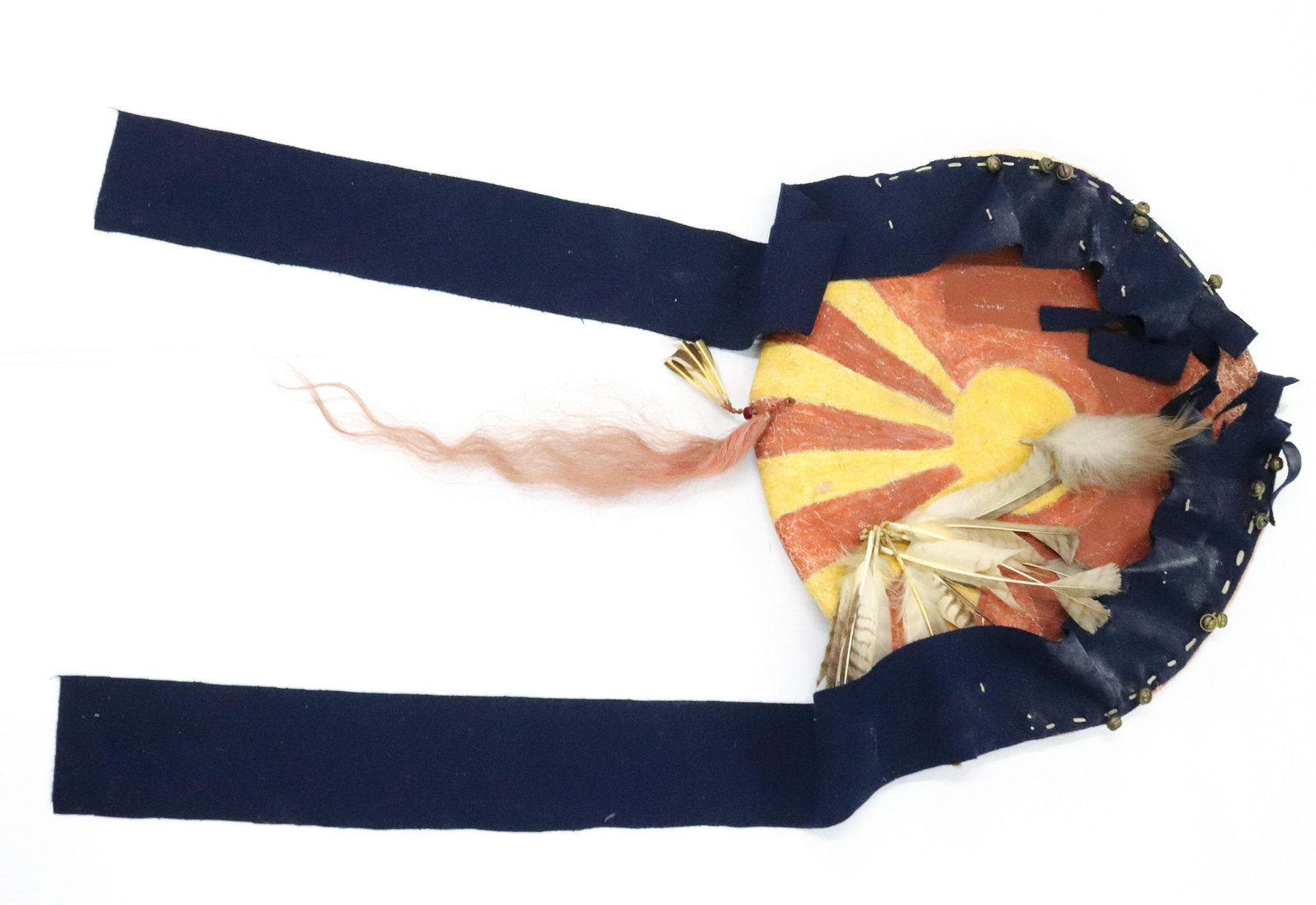 NATIVE AMERICAN SHIELD: POLYCHROME DECORATED WITH FEATHERS, WOOL AND BELLS. 20" D. UPDATED 2023 TERMS FOR PURCHASING AND SHIPPING OF AUCTION ITEMS. PLEASE READ CAREFULLY BEFORE BIDDING. ALL PAYMENTS FOR PURCHASES WILL BE MAD