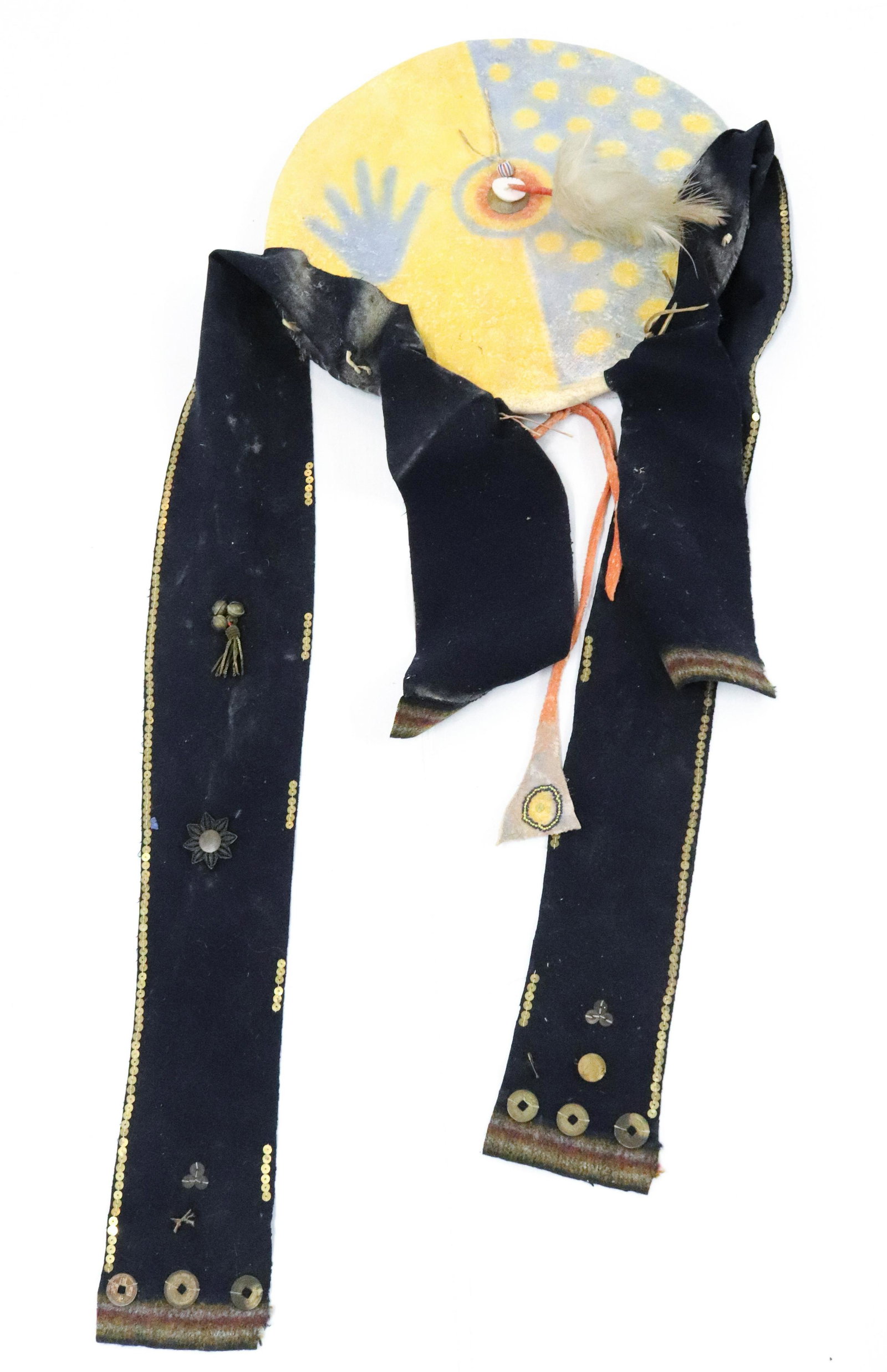 NATIVE AMERICAN SHIELD: POLYCHROME DECORATED WITH FEATHERS, WOOL AND BELLS. 16 1/2" D. UPDATED 2023 TERMS FOR PURCHASING AND SHIPPING OF AUCTION ITEMS. PLEASE READ CAREFULLY BEFORE BIDDING. ALL PAYMENTS FOR PURCHASES WILL BE