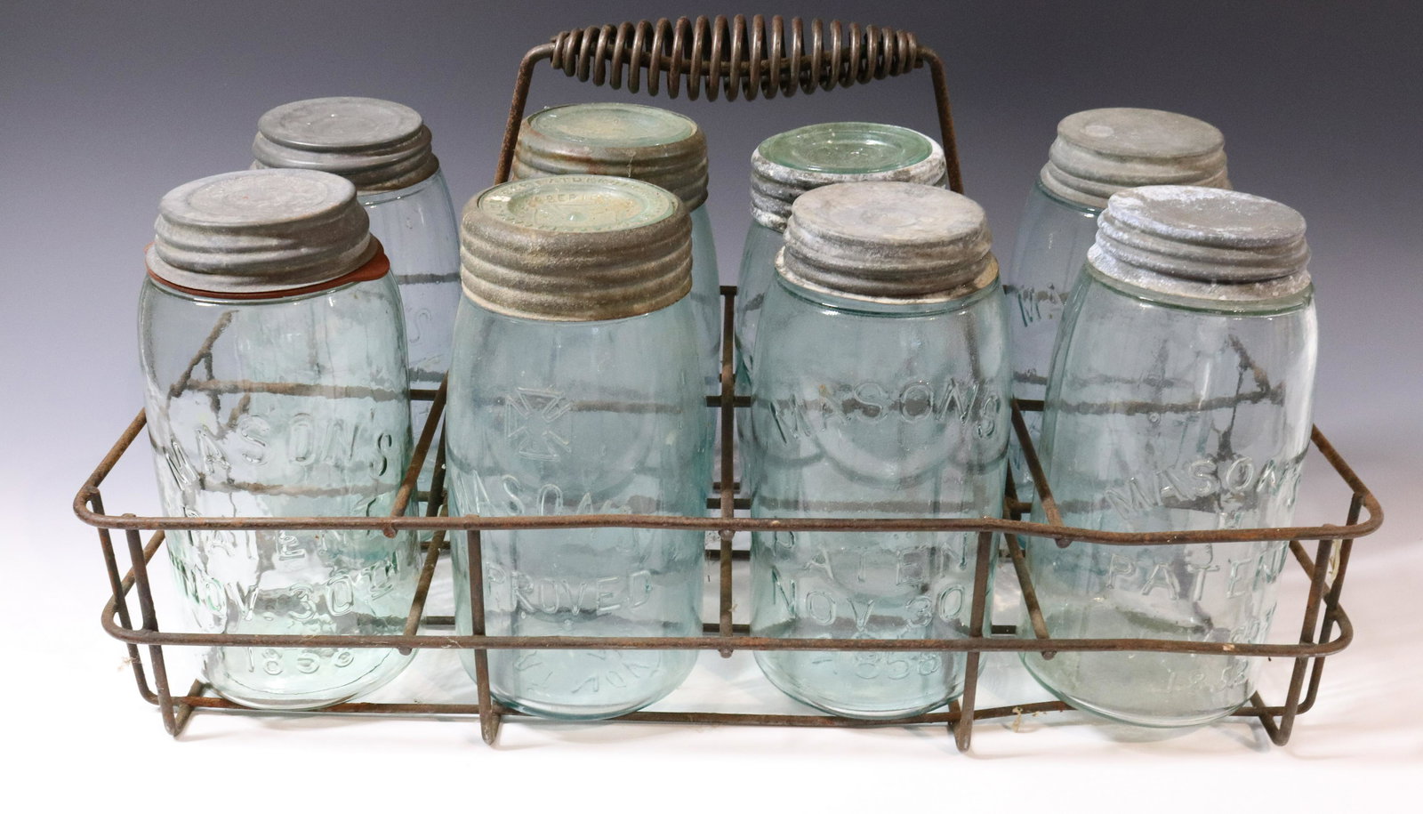 LOT OF ANTIQUE MASON JARS IN CARRIER (1 of 6)