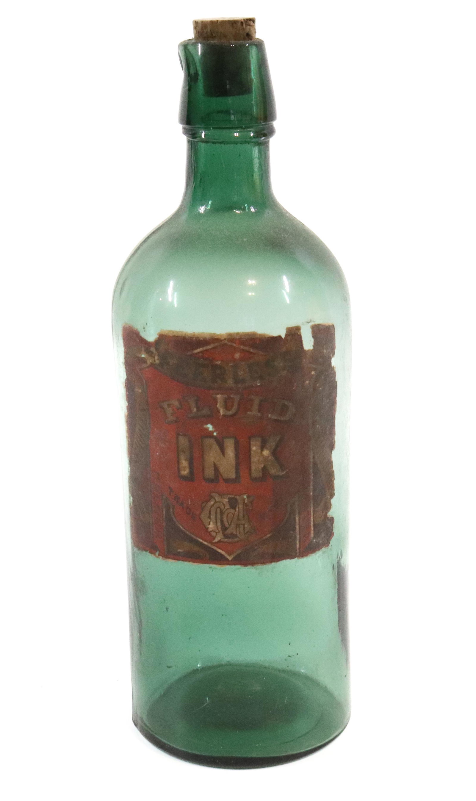 PEERLESS FLUID INK BOTTLE: DARKER MEDIUM GREEN BOTTLE WITH ORIGINAL PAPER LABEL - 9 3/4" H Please Read Carefully before Bidding. Hartzell’s Auction Gallery Inc. will Conduct an ON-SITE and also ON-LINE Auction at 2481 Bel