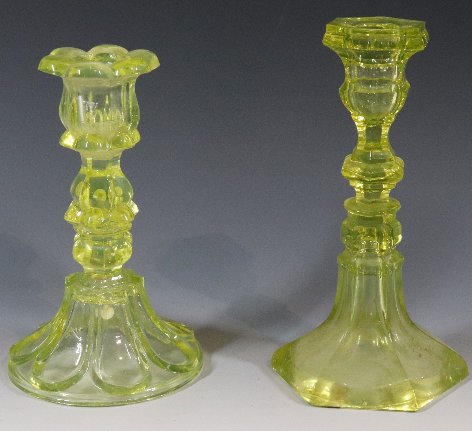(2) NEW ENGLAND CANARY GLASS CANDLESTICKS (1 of 4)
