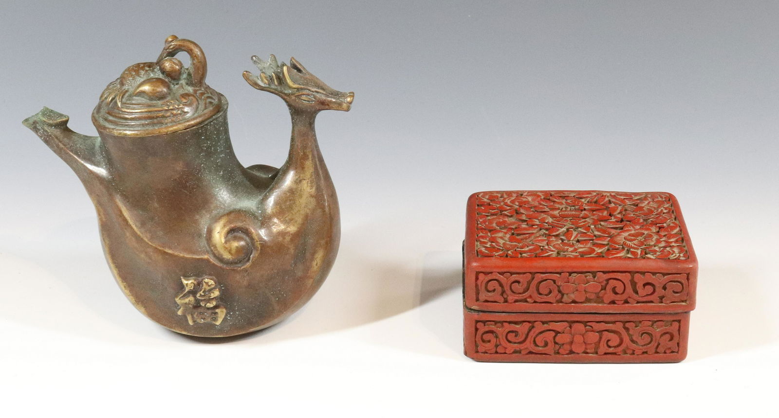 (2) CHINESE BRONZE TEAPOT AND CINNABAR BOX (1 of 12)