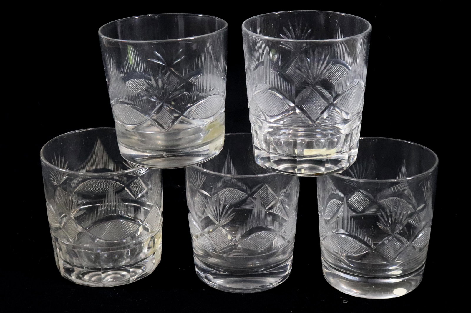 (5) EARLY PITTSBURGH CUT GLASS TUMBLERS: VESICA, SHEAF OF WHEAT, STRAWBERRY DIAMOND & FAN, ROUNDEL & FAN ALL POLISHED PONTILS CIRCA 1825-40 Please Read Carefully before Bidding. Hartzellâ€™s Auction Gallery Inc. will Conduct an ON-SITE 