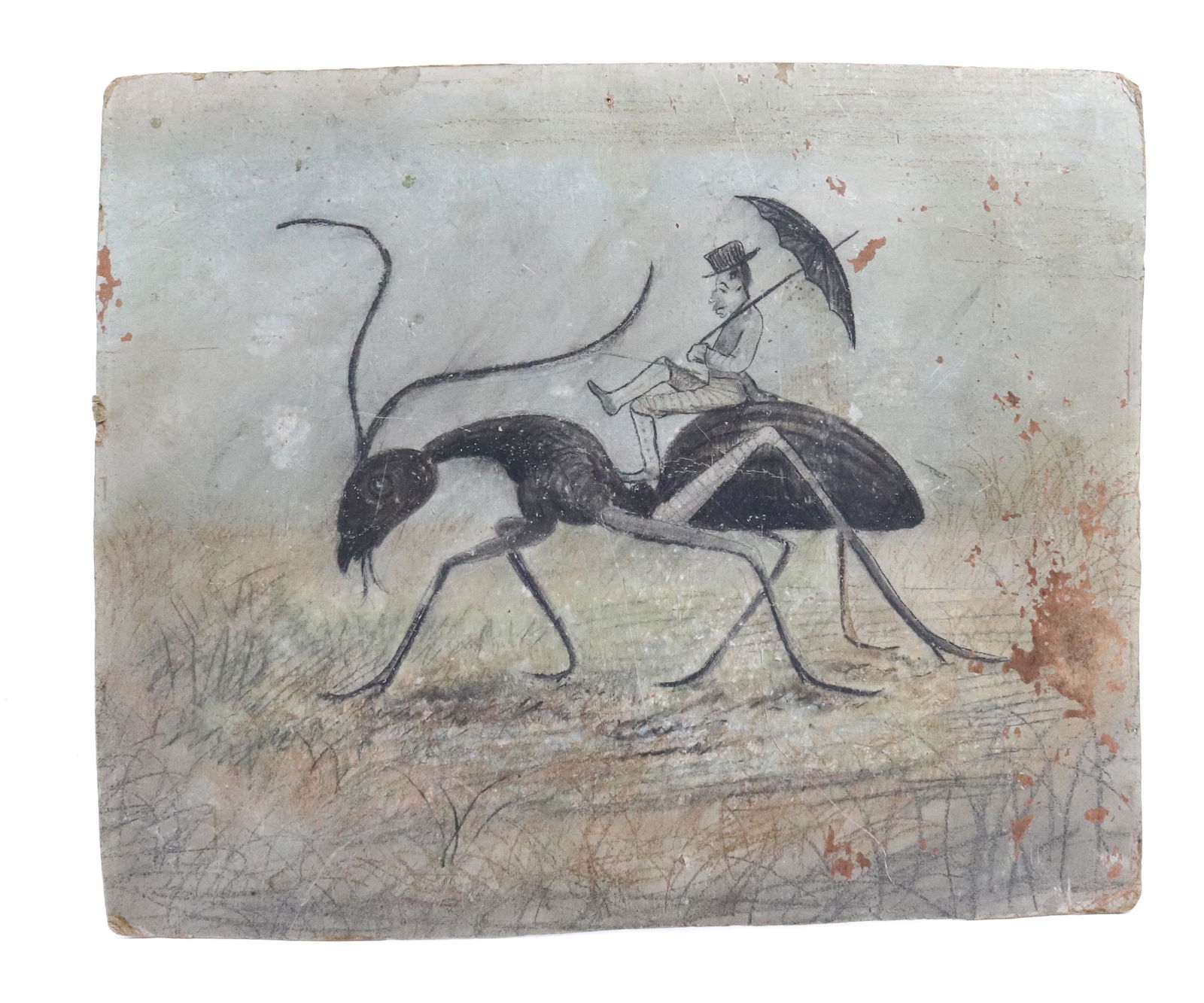 CASSIUS COOLIDGE CHARCOAL ON BOARD: FOLK ART PAINTING OF MAN WITH UMBRELLA RIDING AND ANT, SIGNED ON BACK - 11 1/4" X 13 3/4" UNFRAMED Please Read Carefully before Bidding. Hartzell’s Auction Gallery Inc. will Conduct an ON-SITE a